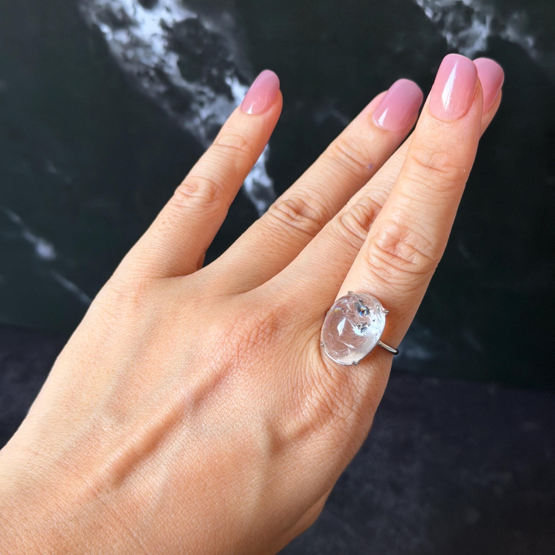 Polished Enhydro Quartz (Herkimer Diamond) S925 Silver Adjustable Ring: Big Rainbow! Moving Black Bubble Inclusion Crystal Statement Ring for Women ring crystal band ring crystal cocktail ring crystal stackable ring 7 chakra crystal ring meditation crystal healing stone birthstone silver ring ring for men rainbow quartz inclusion quartz inclusion crystal minerals specimen silver ring free size ring adjustable ring holder