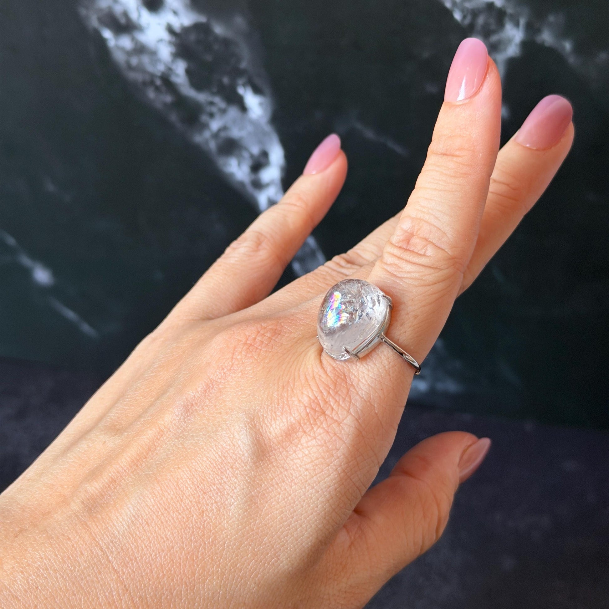 Polished Enhydro Quartz (Herkimer Diamond) S925 Silver Adjustable Ring: Big Rainbow! Moving Black Bubble Inclusion Crystal Statement Ring for Women ring crystal band ring crystal cocktail ring crystal stackable ring 7 chakra crystal ring meditation crystal healing stone birthstone silver ring ring for men rainbow quartz inclusion quartz inclusion crystal minerals specimen silver ring free size ring adjustable ring holder