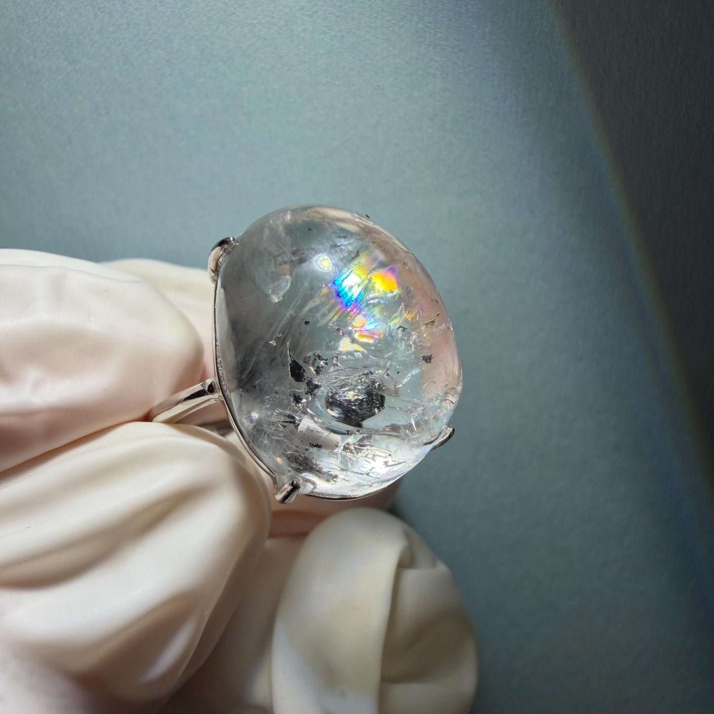 Polished Enhydro Quartz (Herkimer Diamond) S925 Silver Adjustable Ring: Big Rainbow! Moving Black Bubble Inclusion Crystal Statement Ring for Women ring crystal band ring crystal cocktail ring crystal stackable ring 7 chakra crystal ring meditation crystal healing stone birthstone silver ring ring for men rainbow quartz inclusion quartz inclusion crystal minerals specimen silver ring free size ring adjustable ring holder