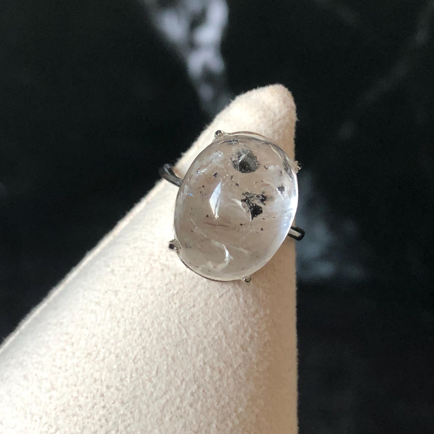 Polished Enhydro Quartz (Herkimer Diamond) S925 Silver Adjustable Ring: Big Rainbow! Moving Black Bubble Inclusion Crystal Statement Ring for Women ring crystal band ring crystal cocktail ring crystal stackable ring 7 chakra crystal ring meditation crystal healing stone birthstone silver ring ring for men rainbow quartz inclusion quartz inclusion crystal minerals specimen silver ring free size ring adjustable ring holder