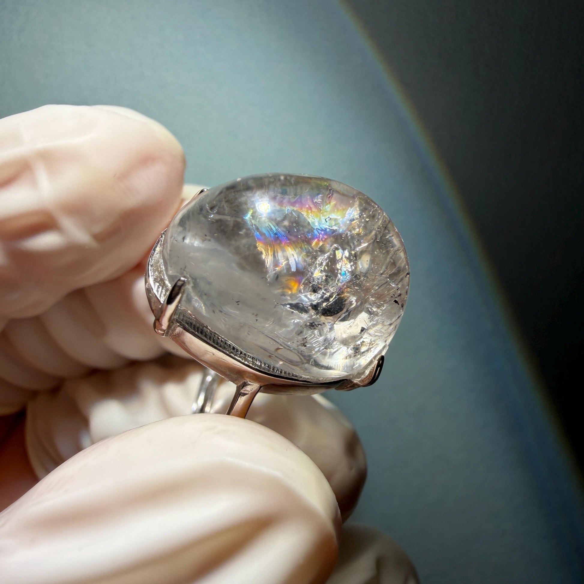 Polished Enhydro Quartz (Herkimer Diamond) S925 Silver Adjustable Ring: Big Rainbow! Moving Black Bubble Inclusion Crystal Statement Ring for Women ring crystal band ring crystal cocktail ring crystal stackable ring 7 chakra crystal ring meditation crystal healing stone birthstone silver ring ring for men rainbow quartz inclusion quartz inclusion crystal minerals specimen silver ring free size ring adjustable ring holder