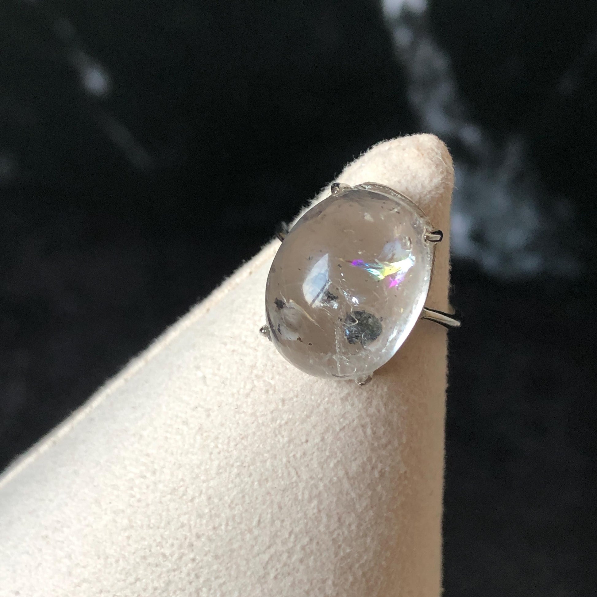 Polished Enhydro Quartz (Herkimer Diamond) S925 Silver Adjustable Ring: Big Rainbow! Moving Black Bubble Inclusion Crystal Statement Ring for Women ring crystal band ring crystal cocktail ring crystal stackable ring 7 chakra crystal ring meditation crystal healing stone birthstone silver ring ring for men rainbow quartz inclusion quartz inclusion crystal minerals specimen silver ring free size ring adjustable ring holder