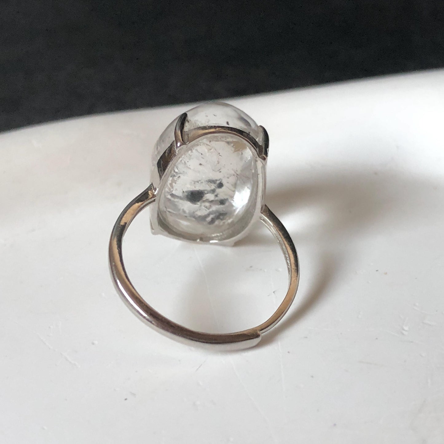 Polished Enhydro Quartz (Herkimer Diamond) S925 Silver Adjustable Ring: Big Rainbow! Moving Black Bubble Inclusion Crystal Statement Ring for Women ring crystal band ring crystal cocktail ring crystal stackable ring 7 chakra crystal ring meditation crystal healing stone birthstone silver ring ring for men rainbow quartz inclusion quartz inclusion crystal minerals specimen silver ring free size ring adjustable ring holder