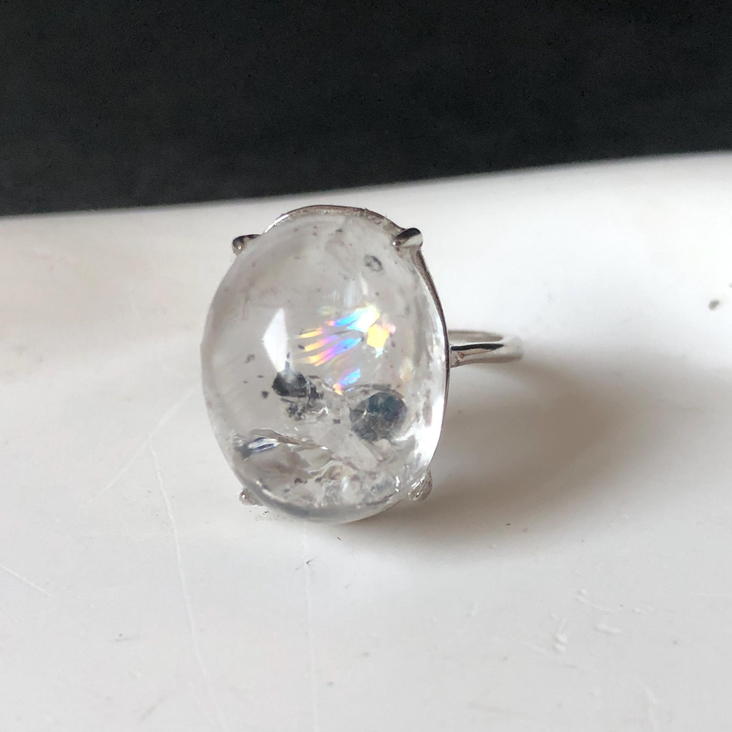 Polished Enhydro Quartz (Herkimer Diamond) S925 Silver Adjustable Ring: Big Rainbow! Moving Black Bubble Inclusion Crystal Statement Ring for Women ring crystal band ring crystal cocktail ring crystal stackable ring 7 chakra crystal ring meditation crystal healing stone birthstone silver ring ring for men rainbow quartz inclusion quartz inclusion crystal minerals specimen silver ring free size ring adjustable ring holder