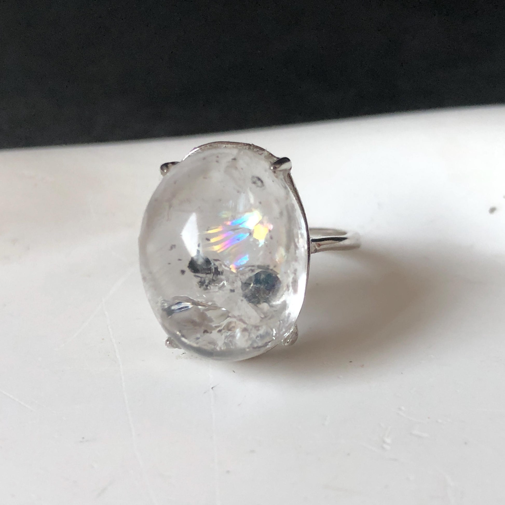Polished Enhydro Quartz (Herkimer Diamond) S925 Silver Adjustable Ring: Big Rainbow! Moving Black Bubble Inclusion Crystal Statement Ring for Women ring crystal band ring crystal cocktail ring crystal stackable ring 7 chakra crystal ring meditation crystal healing stone birthstone silver ring ring for men rainbow quartz inclusion quartz inclusion crystal minerals specimen silver ring free size ring adjustable ring holder