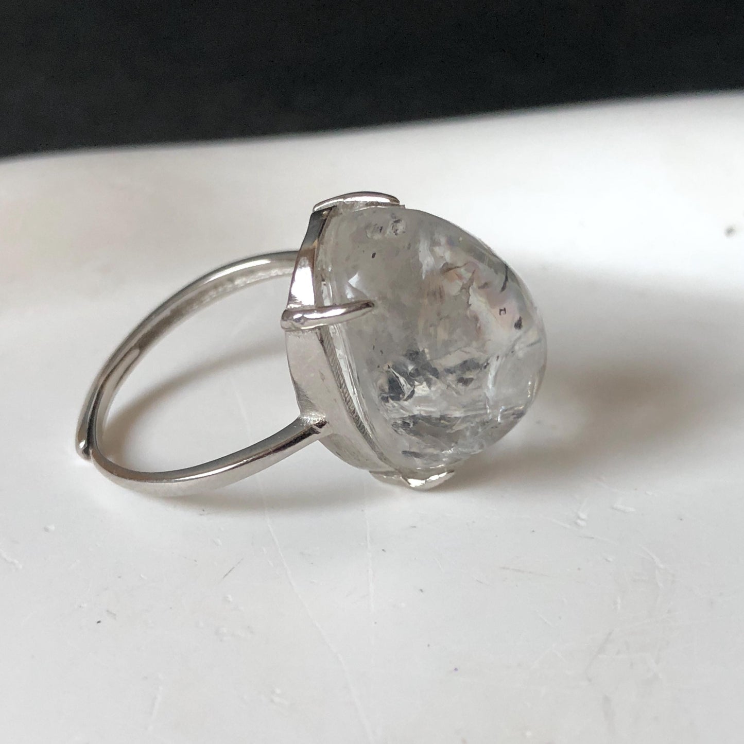 Polished Enhydro Quartz (Herkimer Diamond) S925 Silver Adjustable Ring: Big Rainbow! Moving Black Bubble Inclusion Crystal Statement Ring for Women ring crystal band ring crystal cocktail ring crystal stackable ring 7 chakra crystal ring meditation crystal healing stone birthstone silver ring ring for men rainbow quartz inclusion quartz inclusion crystal minerals specimen silver ring free size ring adjustable ring holder