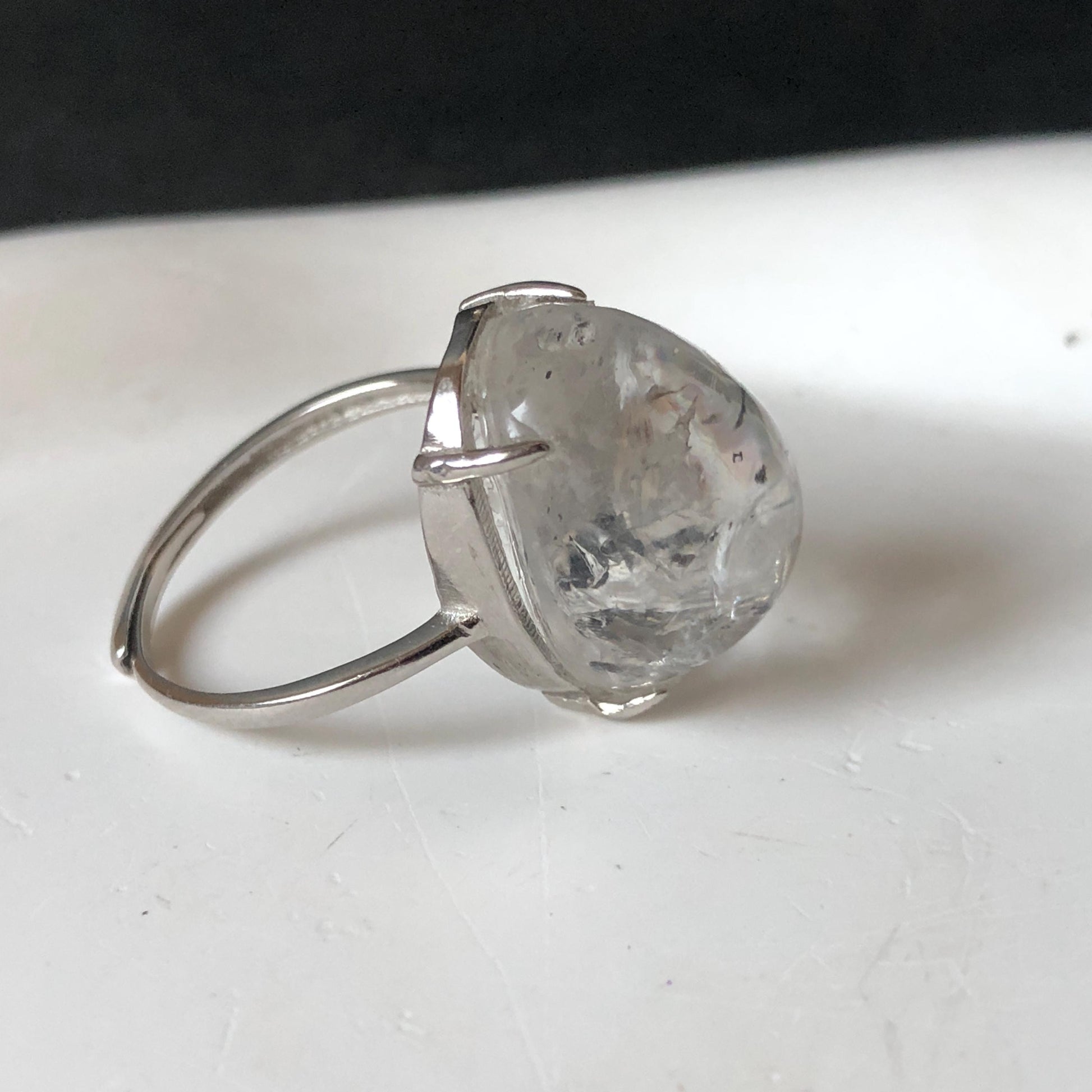 Polished Enhydro Quartz (Herkimer Diamond) S925 Silver Adjustable Ring: Big Rainbow! Moving Black Bubble Inclusion Crystal Statement Ring for Women ring crystal band ring crystal cocktail ring crystal stackable ring 7 chakra crystal ring meditation crystal healing stone birthstone silver ring ring for men rainbow quartz inclusion quartz inclusion crystal minerals specimen silver ring free size ring adjustable ring holder