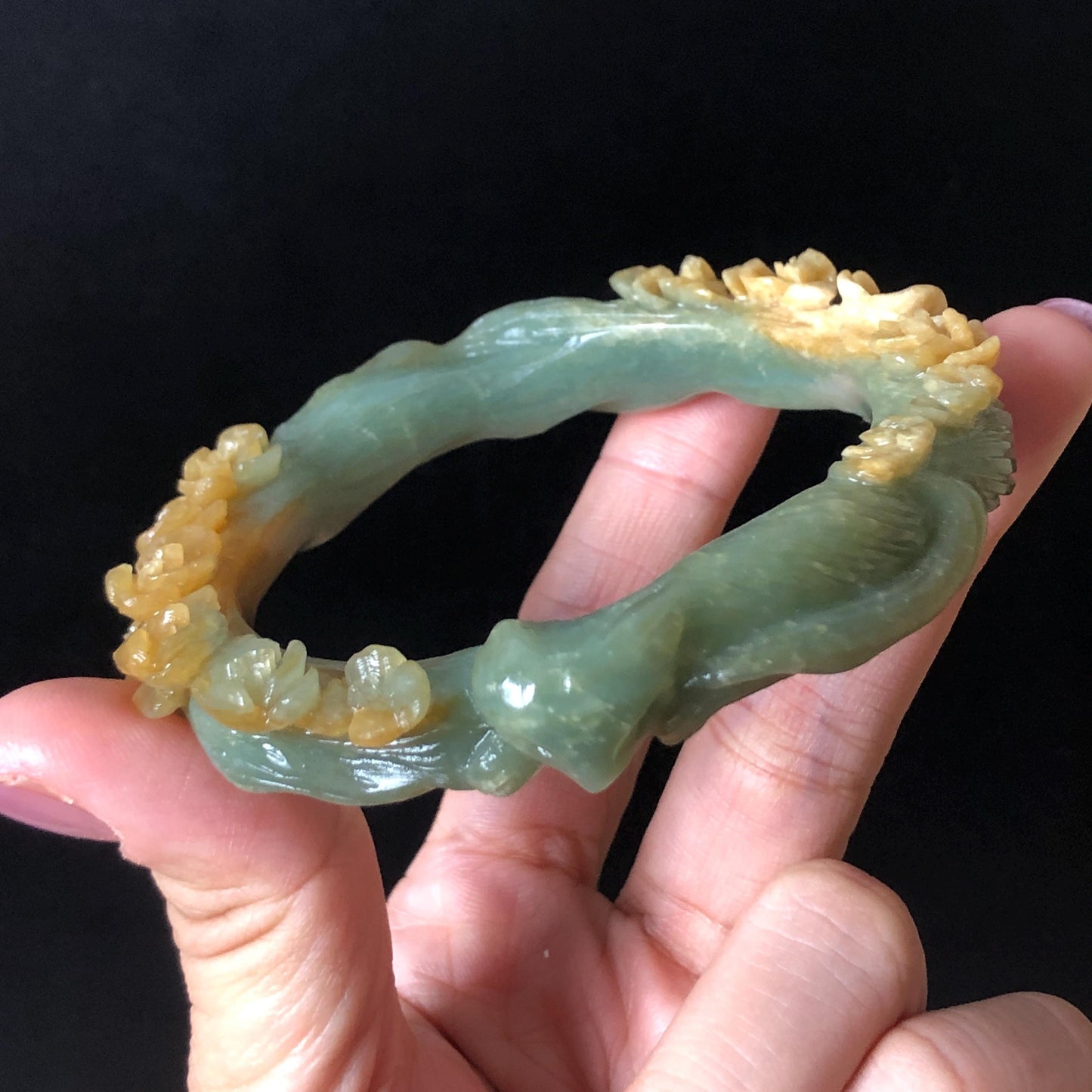 58.5 mm Xiu Jade Serpentine Hand Carved Nine-tailed Fox and flowers Bangle: Natural Bi-colour Yellow Green Jade Handcrafted Bracelet, Stone Carving Gemstone Jewelry Gift for her Green Jade jade yellow jade carving 3D stone carving nine tail fox bracelet fox bracelet cat carving handcrafted bangle chinese jade fox lover gift natural untreated jade vintage bangle antique bracelet flower carving flower carving animals carving Osmanthus flowers fox carving fox jewelry
