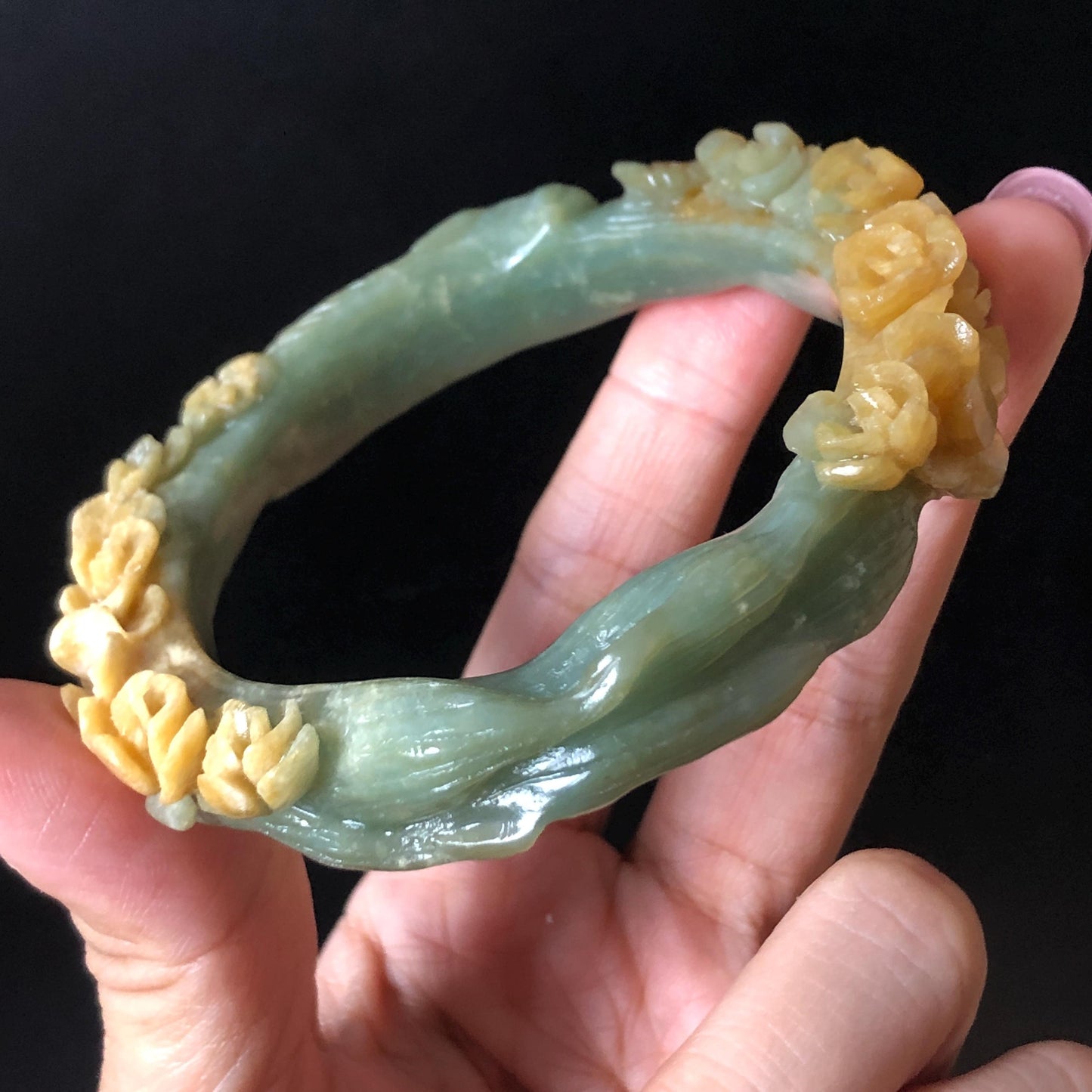58.5 mm Xiu Jade Serpentine Hand Carved Nine-tailed Fox and flowers Bangle: Natural Bi-colour Yellow Green Jade Handcrafted Bracelet, Stone Carving Gemstone Jewelry Gift for her Green Jade jade yellow jade carving 3D stone carving nine tail fox bracelet fox bracelet cat carving handcrafted bangle chinese jade fox lover gift natural untreated jade vintage bangle antique bracelet flower carving flower carving animals carving Osmanthus flowers fox carving fox jewelry