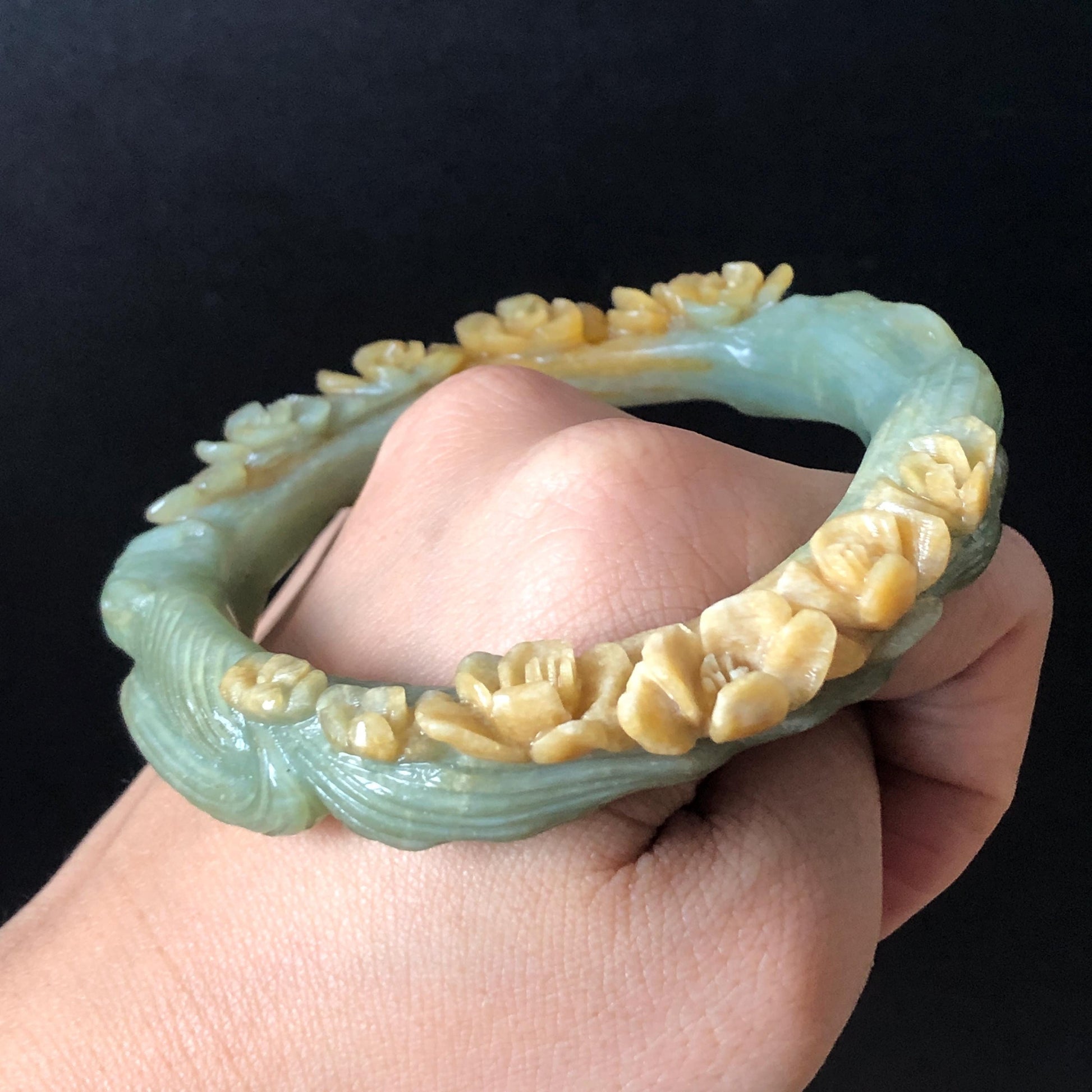 58.5 mm Xiu Jade Serpentine Hand Carved Nine-tailed Fox and flowers Bangle: Natural Bi-colour Yellow Green Jade Handcrafted Bracelet, Stone Carving Gemstone Jewelry Gift for her Green Jade jade yellow jade carving 3D stone carving nine tail fox bracelet fox bracelet cat carving handcrafted bangle chinese jade fox lover gift natural untreated jade vintage bangle antique bracelet flower carving flower carving animals carving Osmanthus flowers fox carving fox jewelry