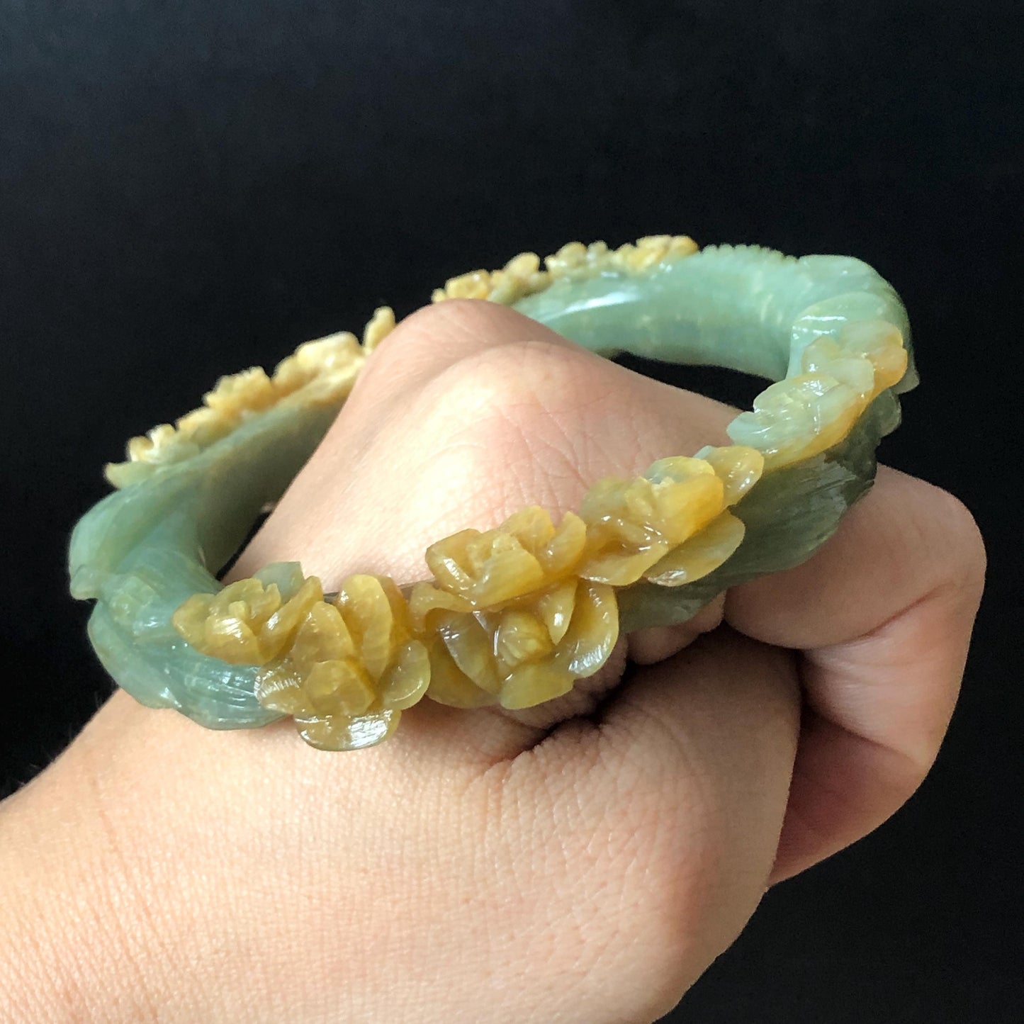 58.5 mm Xiu Jade Serpentine Hand Carved Nine-tailed Fox and flowers Bangle: Natural Bi-colour Yellow Green Jade Handcrafted Bracelet, Stone Carving Gemstone Jewelry Gift for her Green Jade jade yellow jade carving 3D stone carving nine tail fox bracelet fox bracelet cat carving handcrafted bangle chinese jade fox lover gift natural untreated jade vintage bangle antique bracelet flower carving flower carving animals carving Osmanthus flowers fox carving fox jewelry
