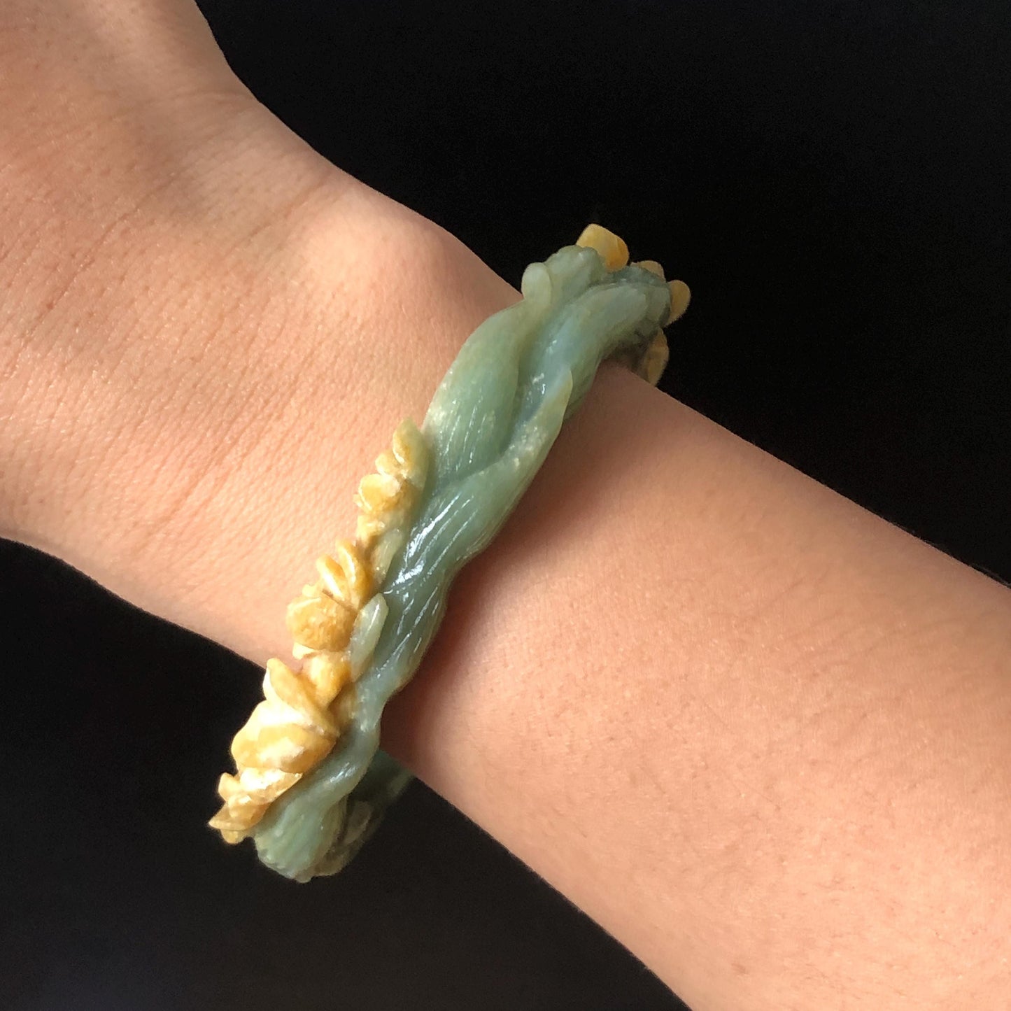 58.5 mm Xiu Jade Serpentine Hand Carved Nine-tailed Fox and flowers Bangle: Natural Bi-colour Yellow Green Jade Handcrafted Bracelet, Stone Carving Gemstone Jewelry Gift for her Green Jade jade yellow jade carving 3D stone carving nine tail fox bracelet fox bracelet cat carving handcrafted bangle chinese jade fox lover gift natural untreated jade vintage bangle antique bracelet flower carving flower carving animals carving Osmanthus flowers fox carving fox jewelry