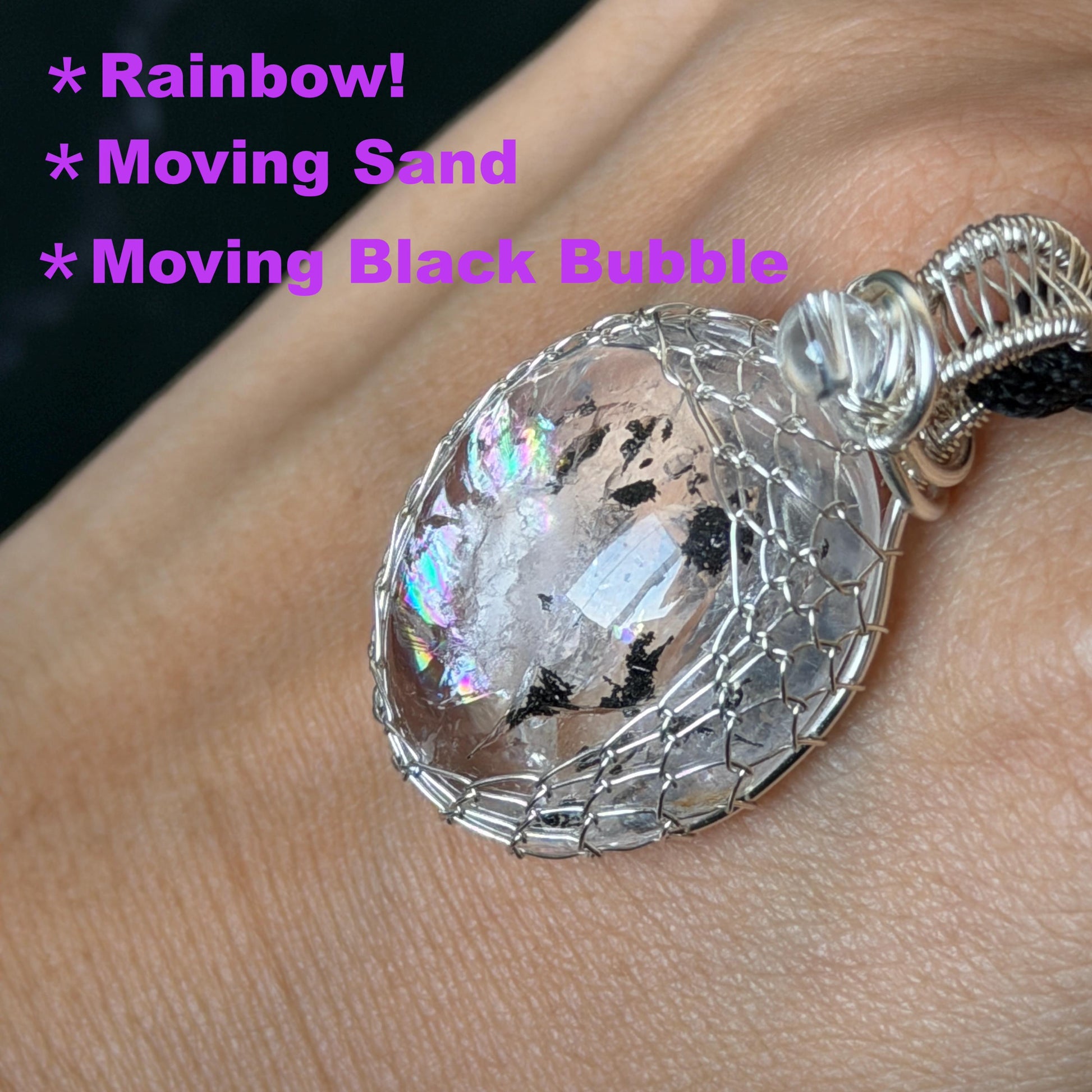 Polished Rainbow Enhydro Quartz (Herkimer Diamond) Wire Wrapped Pendant Adjustable Necklace: Moving Sand & Water Bubble Inclusion Crystal | Natural Gemstone Birthstone Gift for her men necklace chakra crystal purify stone minerals specimen adjustable choker silver pendant inclusion crystal inclusion quartz jewelry rainbow quartz choker necklace enhydro crystal S925 silver pendant