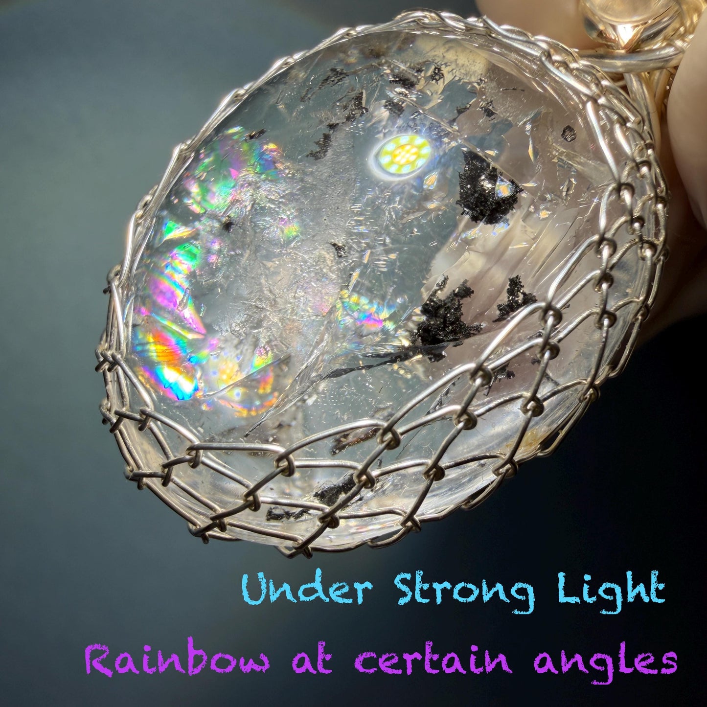Polished Rainbow Enhydro Quartz (Herkimer Diamond) Wire Wrapped Pendant Adjustable Necklace: Moving Sand & Water Bubble Inclusion Crystal | Natural Gemstone Birthstone Gift for her men necklace chakra crystal purify stone minerals specimen adjustable choker silver pendant inclusion crystal inclusion quartz jewelry rainbow quartz choker necklace enhydro crystal S925 silver pendant