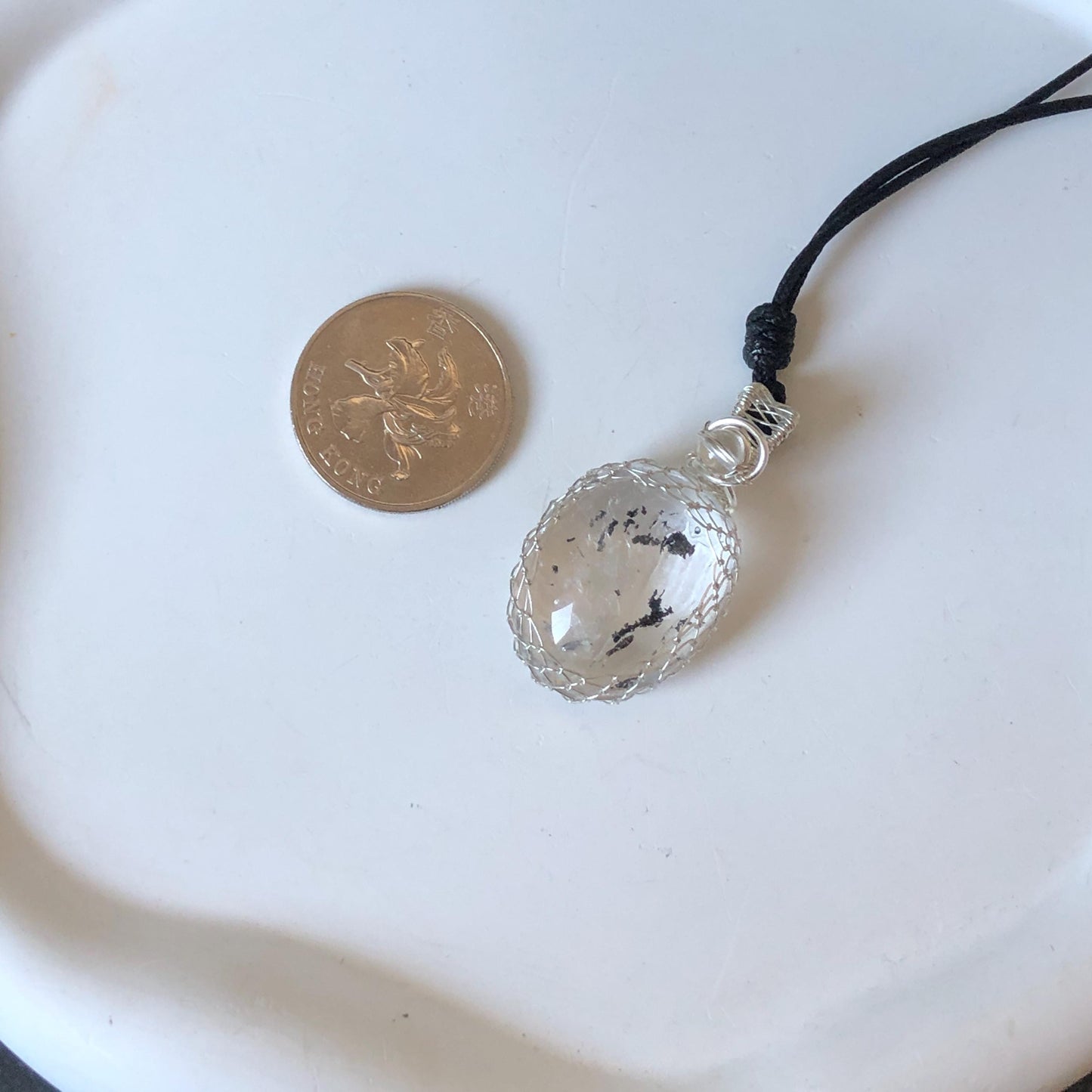 Polished Rainbow Enhydro Quartz (Herkimer Diamond) Wire Wrapped Pendant Adjustable Necklace: Moving Sand & Water Bubble Inclusion Crystal | Natural Gemstone Birthstone Gift for her men necklace chakra crystal purify stone minerals specimen adjustable choker silver pendant inclusion crystal inclusion quartz jewelry rainbow quartz choker necklace enhydro crystal S925 silver pendant