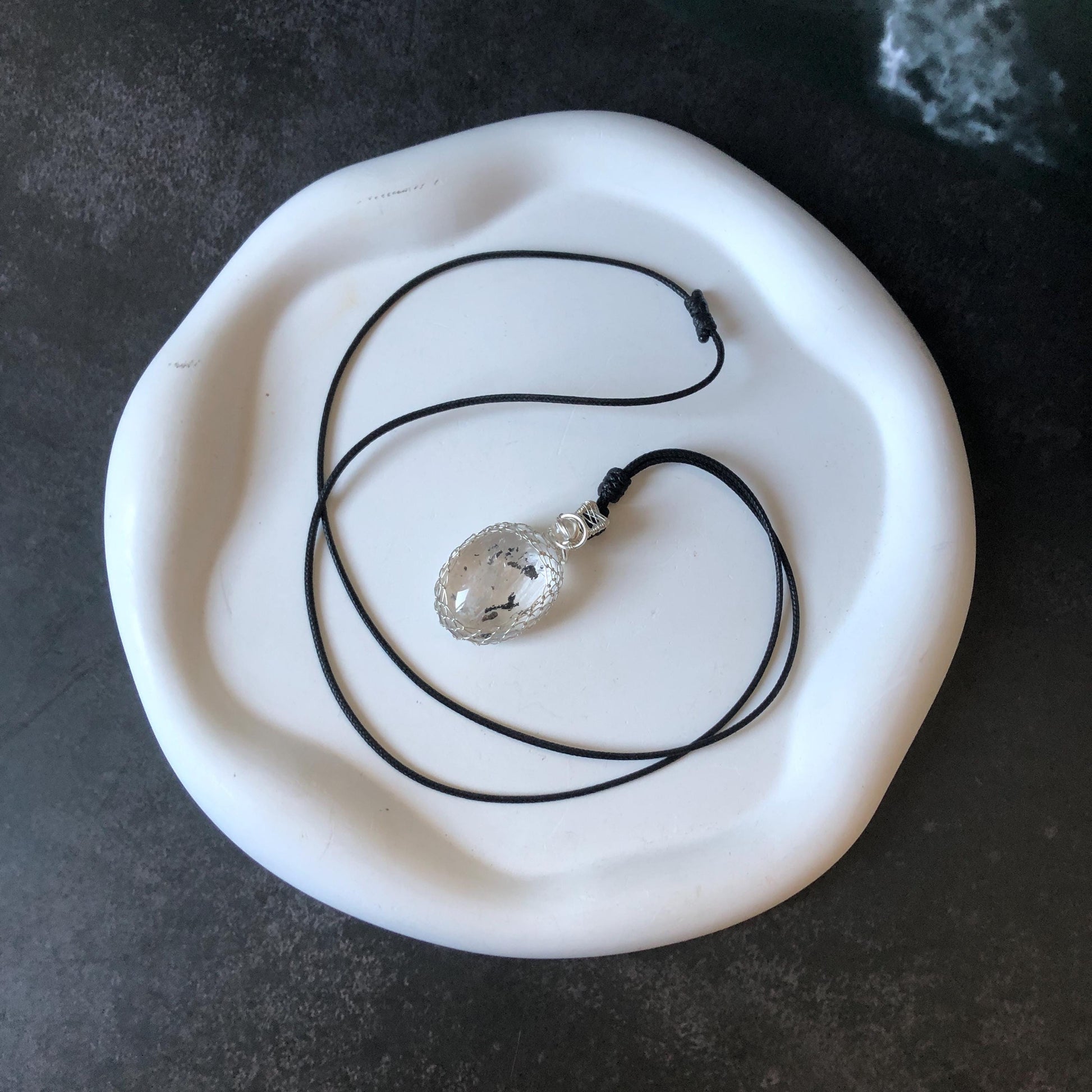 Polished Rainbow Enhydro Quartz (Herkimer Diamond) Wire Wrapped Pendant Adjustable Necklace: Moving Sand & Water Bubble Inclusion Crystal | Natural Gemstone Birthstone Gift for her men necklace chakra crystal purify stone minerals specimen adjustable choker silver pendant inclusion crystal inclusion quartz jewelry rainbow quartz choker necklace enhydro crystal S925 silver pendant