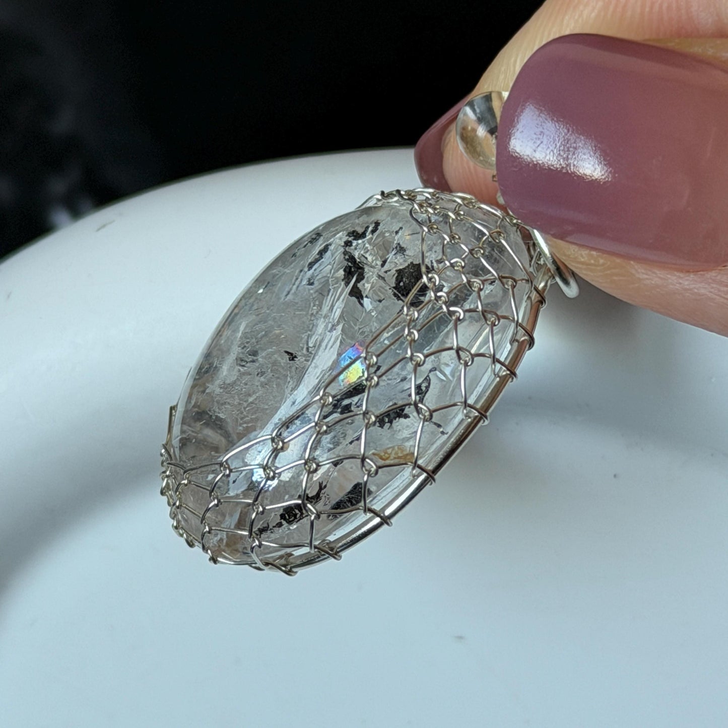 Polished Rainbow Enhydro Quartz (Herkimer Diamond) Wire Wrapped Pendant Adjustable Necklace: Moving Sand & Water Bubble Inclusion Crystal | Natural Gemstone Birthstone Gift for her men necklace chakra crystal purify stone minerals specimen adjustable choker silver pendant inclusion crystal inclusion quartz jewelry rainbow quartz choker necklace enhydro crystal S925 silver pendant