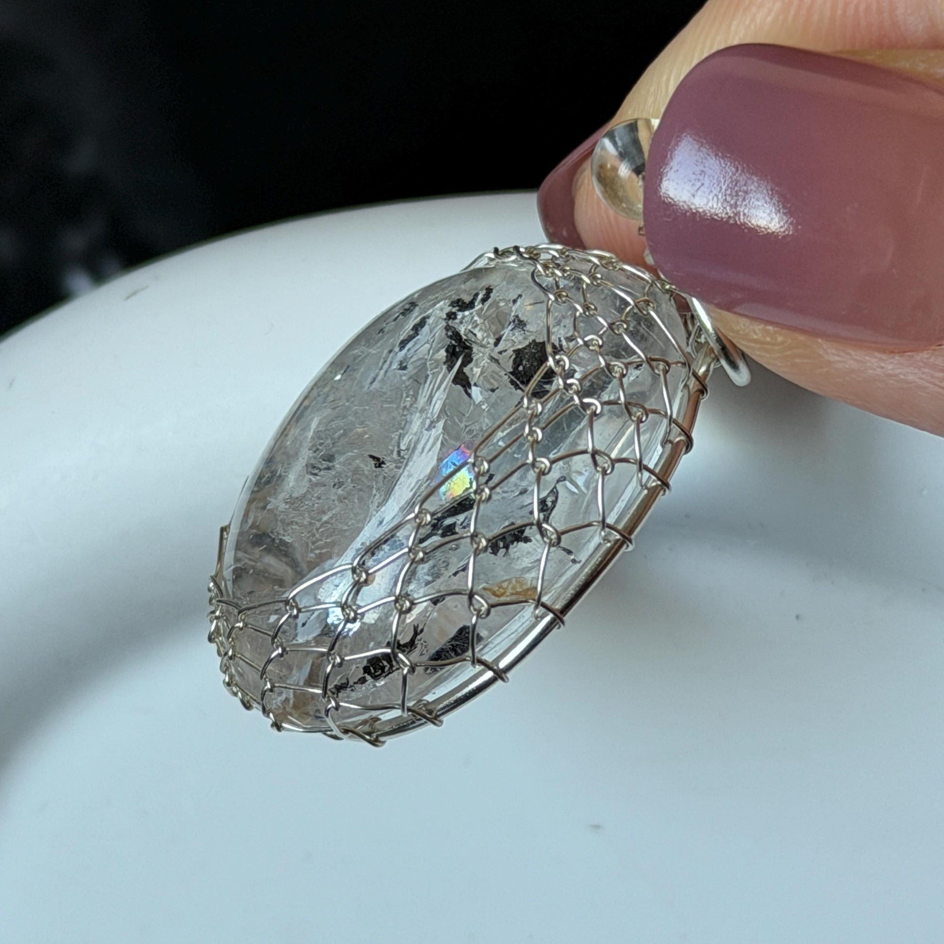 Polished Rainbow Enhydro Quartz (Herkimer Diamond) Wire Wrapped Pendant Adjustable Necklace: Moving Sand & Water Bubble Inclusion Crystal | Natural Gemstone Birthstone Gift for her men necklace chakra crystal purify stone minerals specimen adjustable choker silver pendant inclusion crystal inclusion quartz jewelry rainbow quartz choker necklace enhydro crystal S925 silver pendant