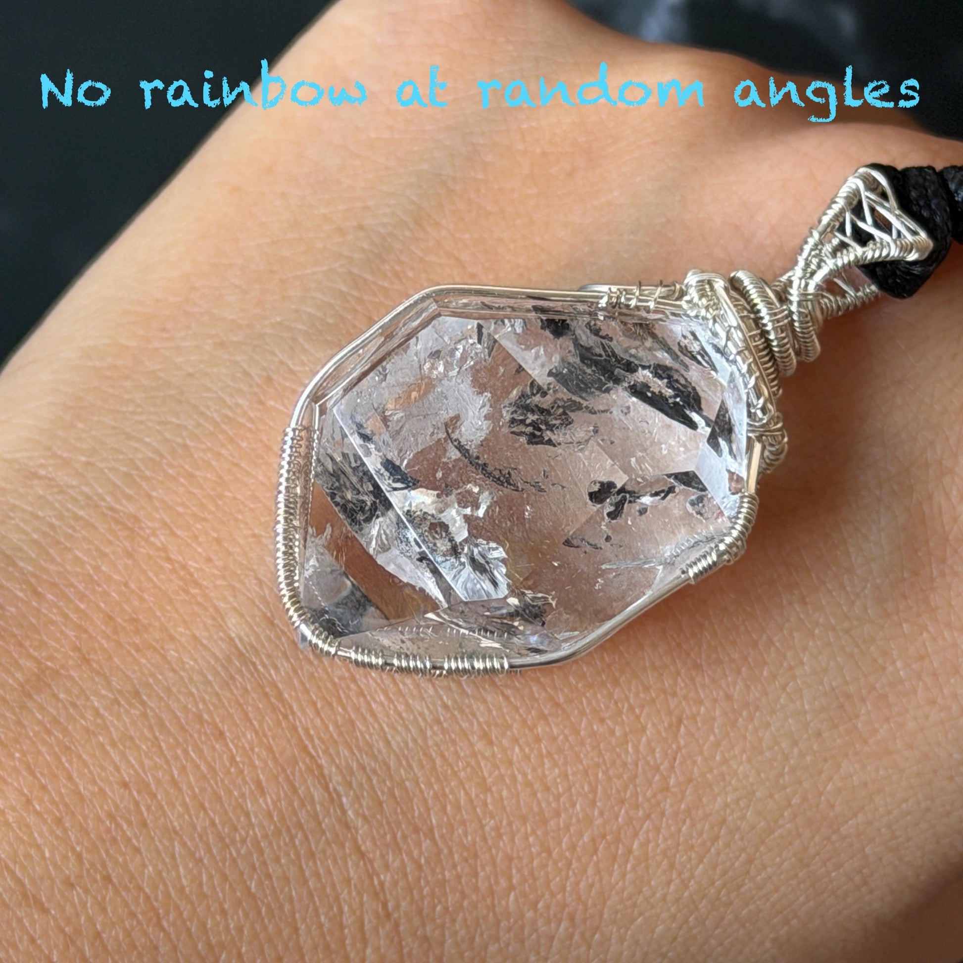 Polished Rainbow Enhydro Quartz (Herkimer Diamond) Wire Wrapped Pendant Adjustable Necklace: Moving Sand Inclusion Crystal | Natural Gemstone Birthstone Gift for her men necklace chakra crystal purify stone minerals specimen adjustable choker silver pendant inclusion crystal inclusion quartz jewelry rainbow quartz choker necklace enhydro crystal
