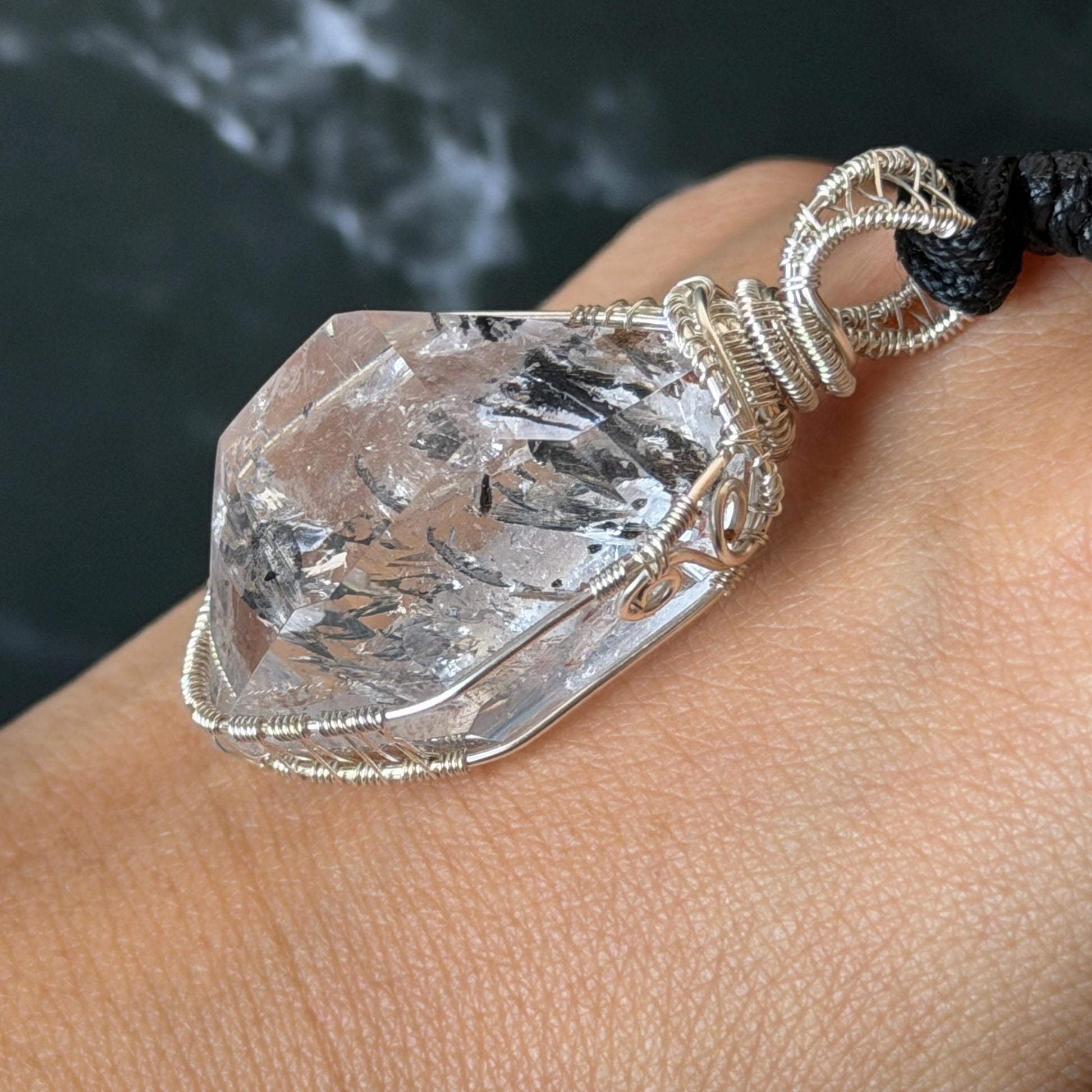 Polished Rainbow Enhydro Quartz (Herkimer Diamond) Wire Wrapped Pendant Adjustable Necklace: Moving Sand Inclusion Crystal | Natural Gemstone Birthstone Gift for her men necklace chakra crystal purify stone minerals specimen adjustable choker silver pendant inclusion crystal inclusion quartz jewelry rainbow quartz choker necklace enhydro crystal