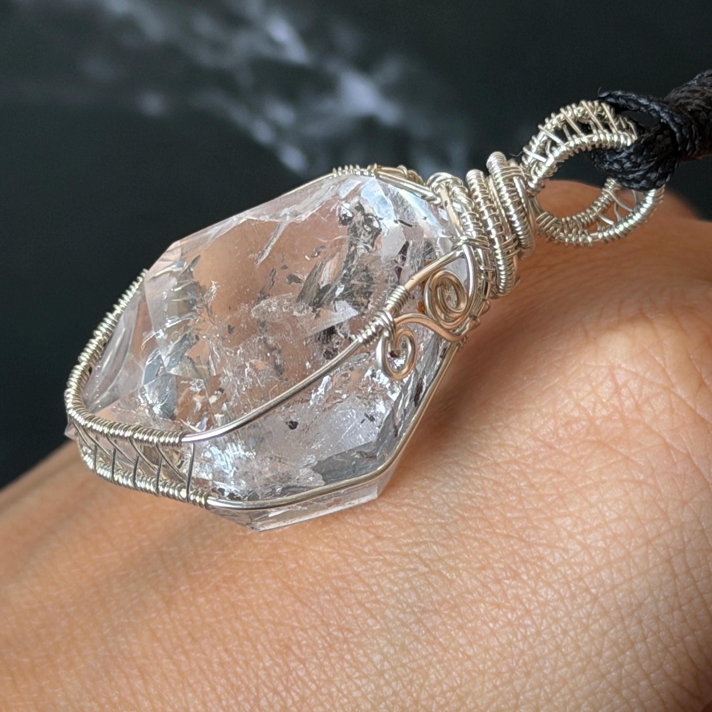 Polished Rainbow Enhydro Quartz (Herkimer Diamond) Wire Wrapped Pendant Adjustable Necklace: Moving Sand Inclusion Crystal | Natural Gemstone Birthstone Gift for her men necklace chakra crystal purify stone minerals specimen adjustable choker silver pendant inclusion crystal inclusion quartz jewelry rainbow quartz choker necklace enhydro crystal