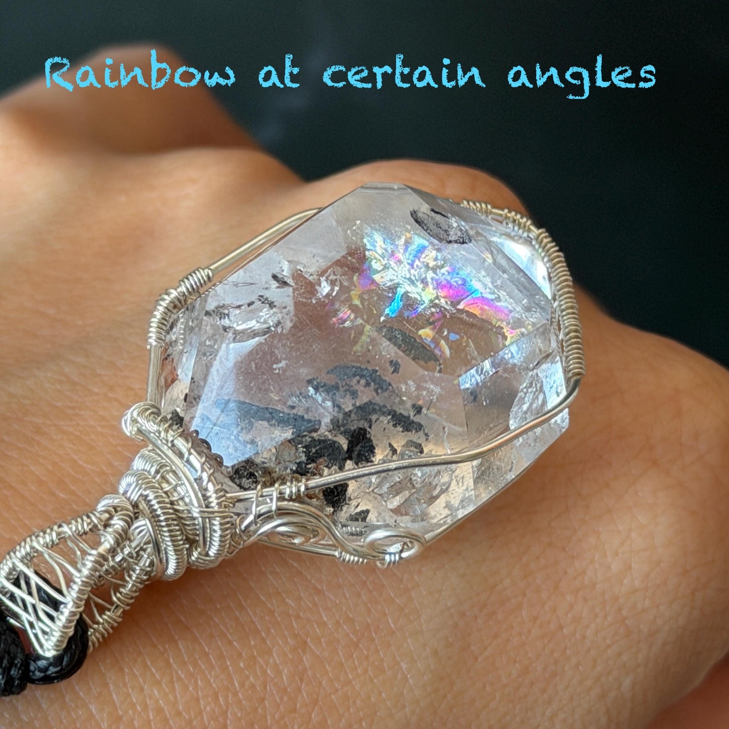 Polished Rainbow Enhydro Quartz (Herkimer Diamond) Wire Wrapped Pendant Adjustable Necklace: Moving Sand Inclusion Crystal | Natural Gemstone Birthstone Gift for her men necklace chakra crystal purify stone minerals specimen adjustable choker silver pendant inclusion crystal inclusion quartz jewelry rainbow quartz choker necklace enhydro crystal