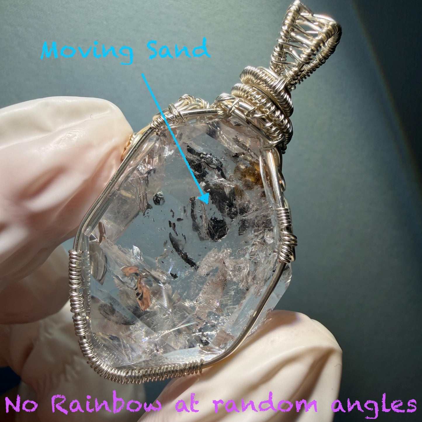 Polished Rainbow Enhydro Quartz (Herkimer Diamond) Wire Wrapped Pendant Adjustable Necklace: Moving Sand Inclusion Crystal | Natural Gemstone Birthstone Gift for her men necklace chakra crystal purify stone minerals specimen adjustable choker silver pendant inclusion crystal inclusion quartz jewelry rainbow quartz choker necklace enhydro crystal