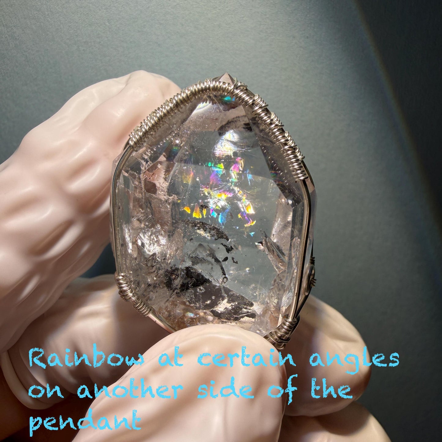 Polished Rainbow Enhydro Quartz (Herkimer Diamond) Wire Wrapped Pendant Adjustable Necklace: Moving Sand Inclusion Crystal | Natural Gemstone Birthstone Gift for her men necklace chakra crystal purify stone minerals specimen adjustable choker silver pendant inclusion crystal inclusion quartz jewelry rainbow quartz choker necklace enhydro crystal