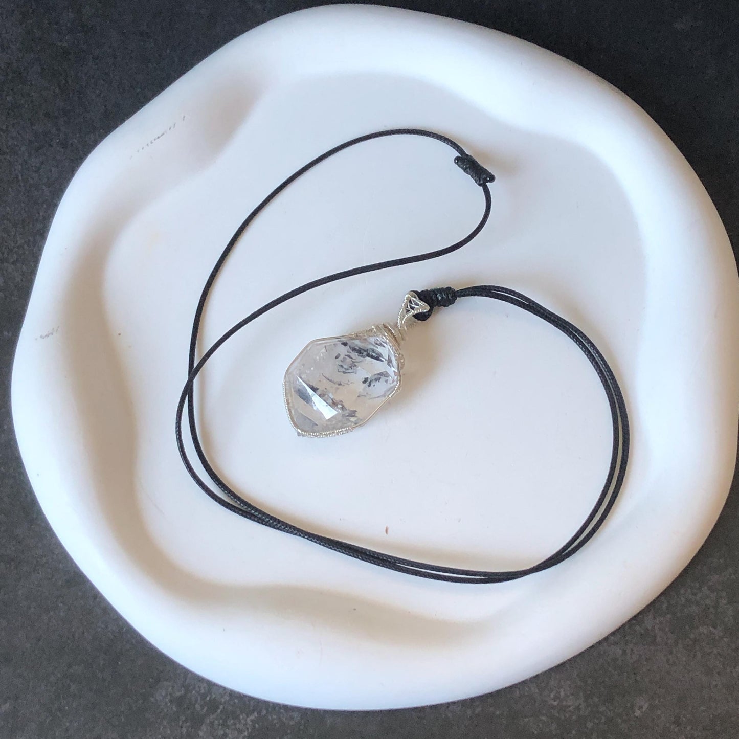 Polished Rainbow Enhydro Quartz (Herkimer Diamond) Wire Wrapped Pendant Adjustable Necklace: Moving Sand Inclusion Crystal | Natural Gemstone Birthstone Gift for her men necklace chakra crystal purify stone minerals specimen adjustable choker silver pendant inclusion crystal inclusion quartz jewelry rainbow quartz choker necklace enhydro crystal