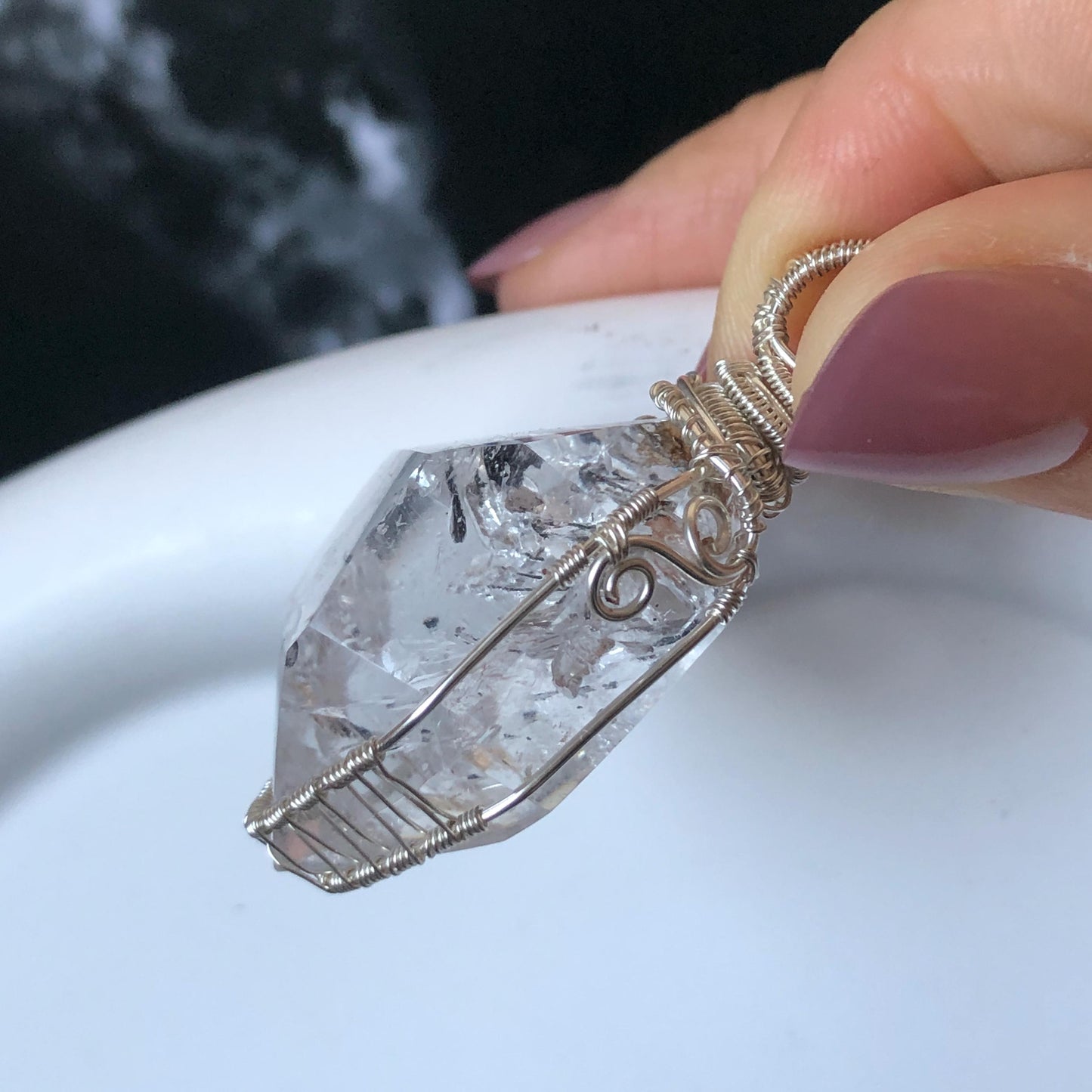 Polished Rainbow Enhydro Quartz (Herkimer Diamond) Wire Wrapped Pendant Adjustable Necklace: Moving Sand Inclusion Crystal | Natural Gemstone Birthstone Gift for her men necklace chakra crystal purify stone minerals specimen adjustable choker silver pendant inclusion crystal inclusion quartz jewelry rainbow quartz choker necklace enhydro crystal