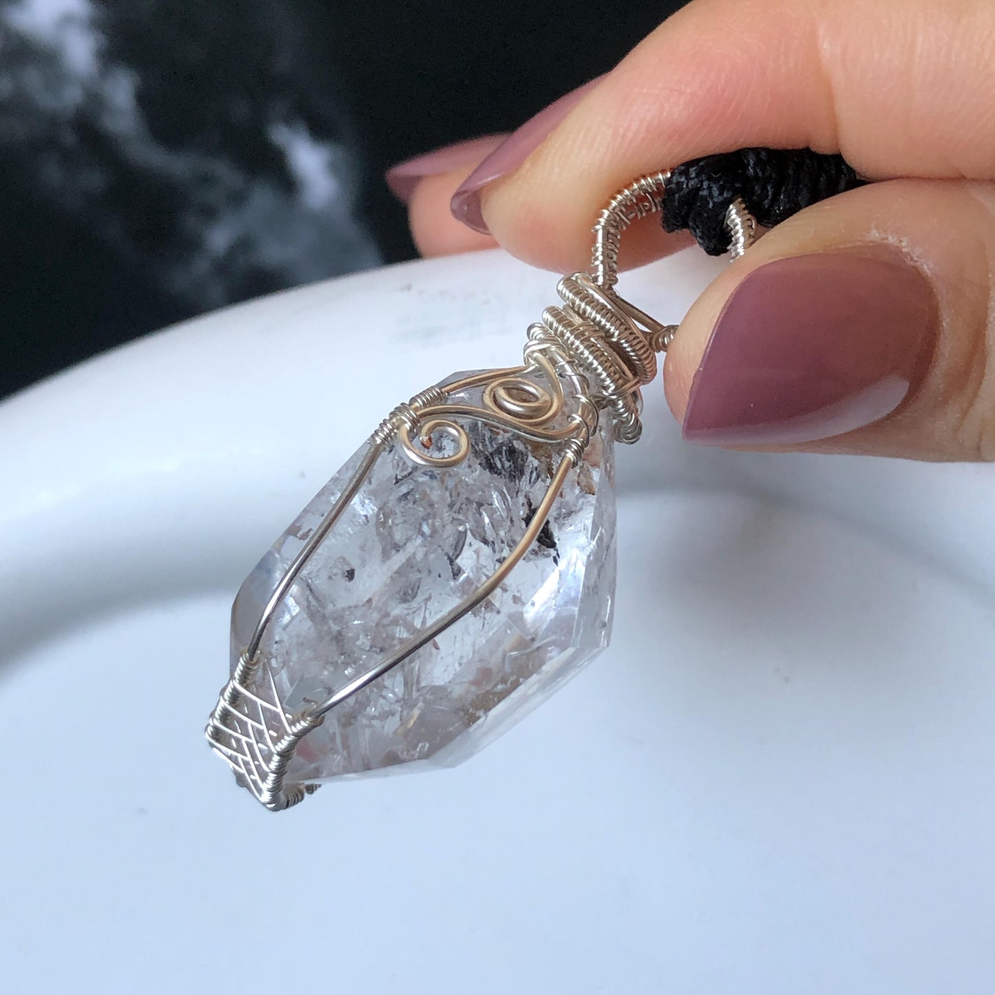 Polished Rainbow Enhydro Quartz (Herkimer Diamond) Wire Wrapped Pendant Adjustable Necklace: Moving Sand Inclusion Crystal | Natural Gemstone Birthstone Gift for her men necklace chakra crystal purify stone minerals specimen adjustable choker silver pendant inclusion crystal inclusion quartz jewelry rainbow quartz choker necklace enhydro crystal
