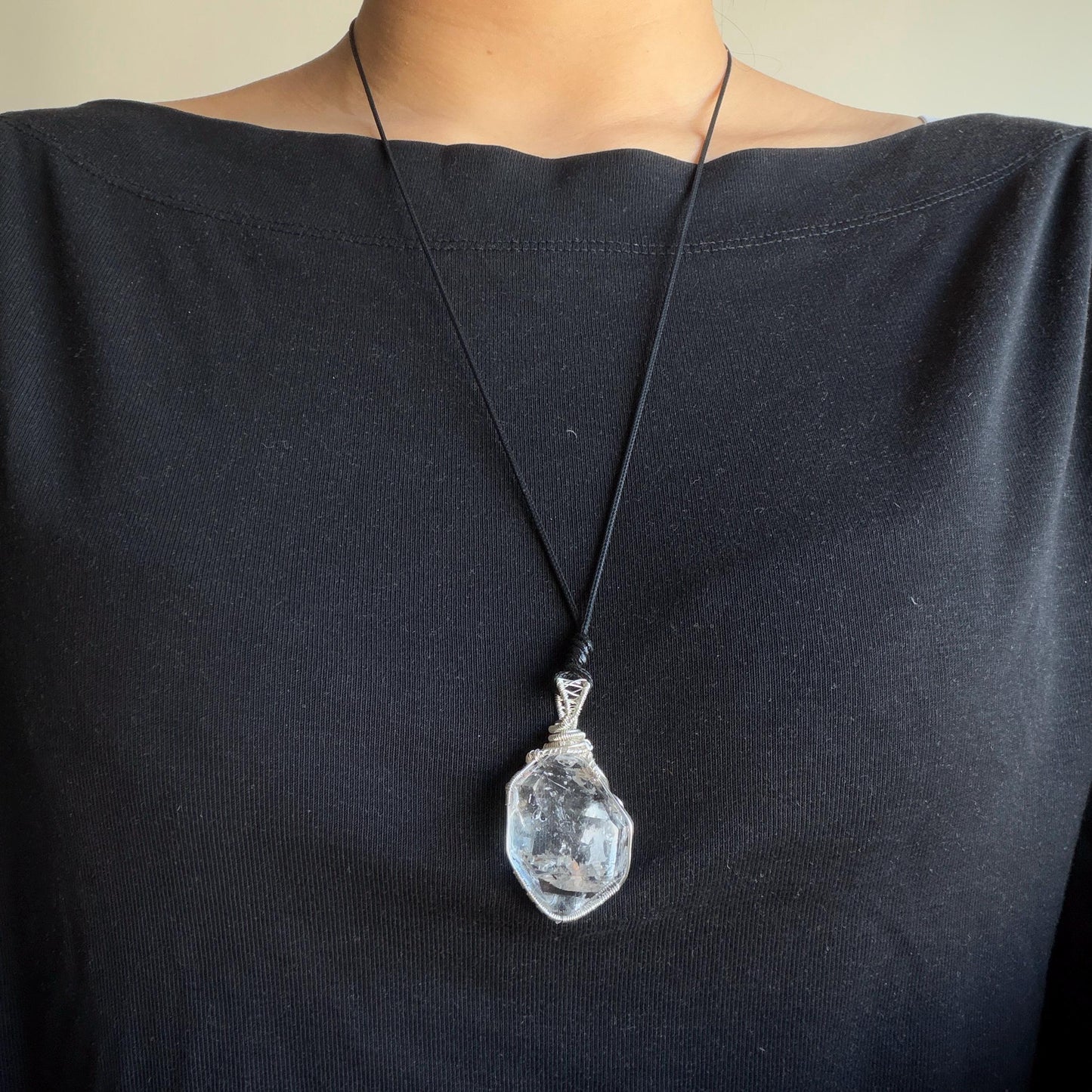 Polished Rainbow Enhydro Quartz (Herkimer Diamond) Wire Wrapped Pendant Adjustable Necklace: Moving Sand Inclusion Crystal | Natural Gemstone Birthstone Gift for her men necklace chakra crystal purify stone minerals specimen adjustable choker silver pendant inclusion crystal inclusion quartz jewelry rainbow quartz choker necklace enhydro crystal