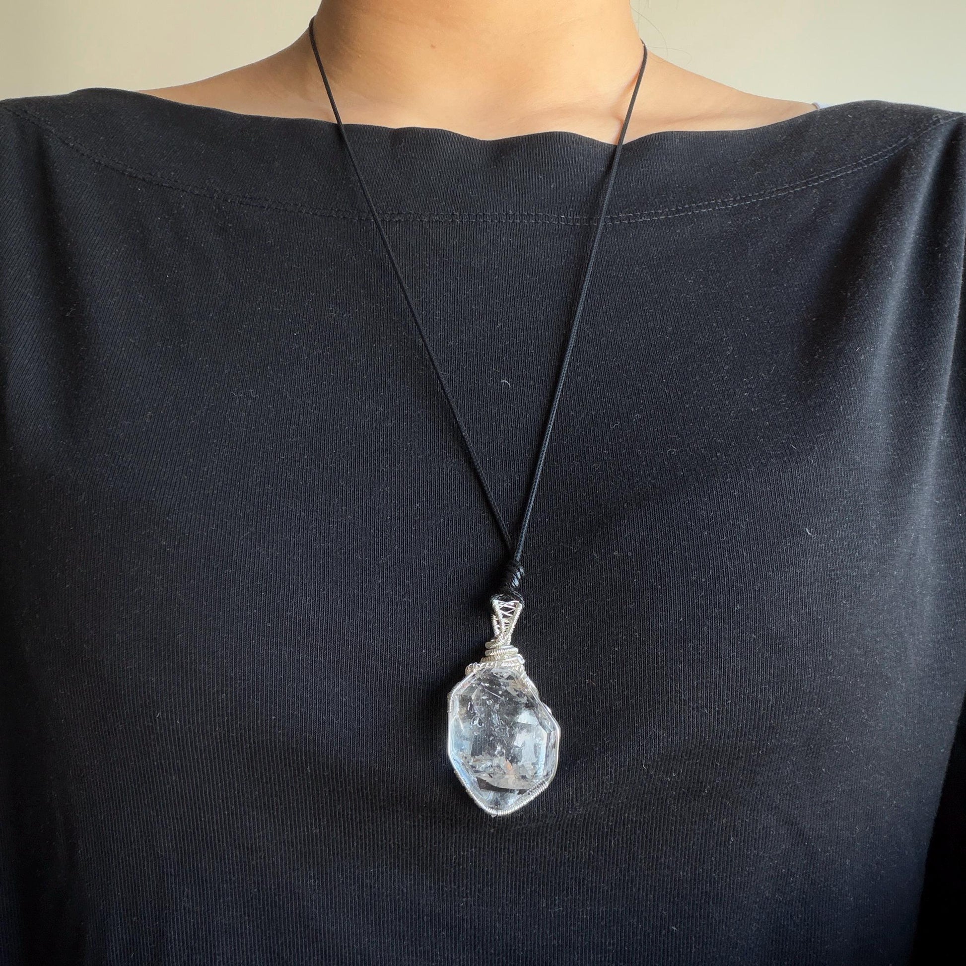 Polished Rainbow Enhydro Quartz (Herkimer Diamond) Wire Wrapped Pendant Adjustable Necklace: Moving Sand Inclusion Crystal | Natural Gemstone Birthstone Gift for her men necklace chakra crystal purify stone minerals specimen adjustable choker silver pendant inclusion crystal inclusion quartz jewelry rainbow quartz choker necklace enhydro crystal