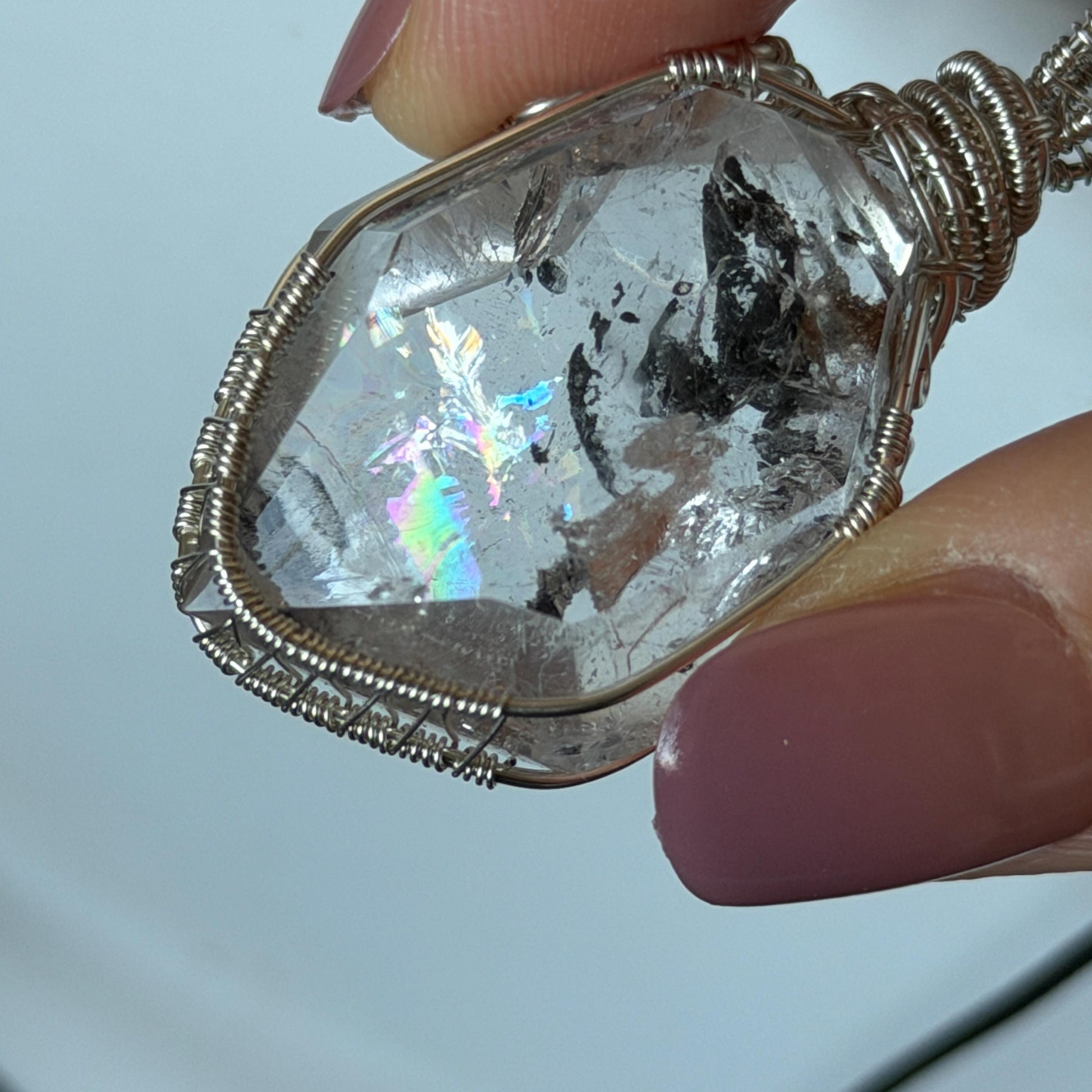 Polished Rainbow Enhydro Quartz (Herkimer Diamond) Wire Wrapped Pendant Adjustable Necklace: Moving Sand Inclusion Crystal | Natural Gemstone Birthstone Gift for her men necklace chakra crystal purify stone minerals specimen adjustable choker silver pendant inclusion crystal inclusion quartz jewelry rainbow quartz choker necklace enhydro crystal