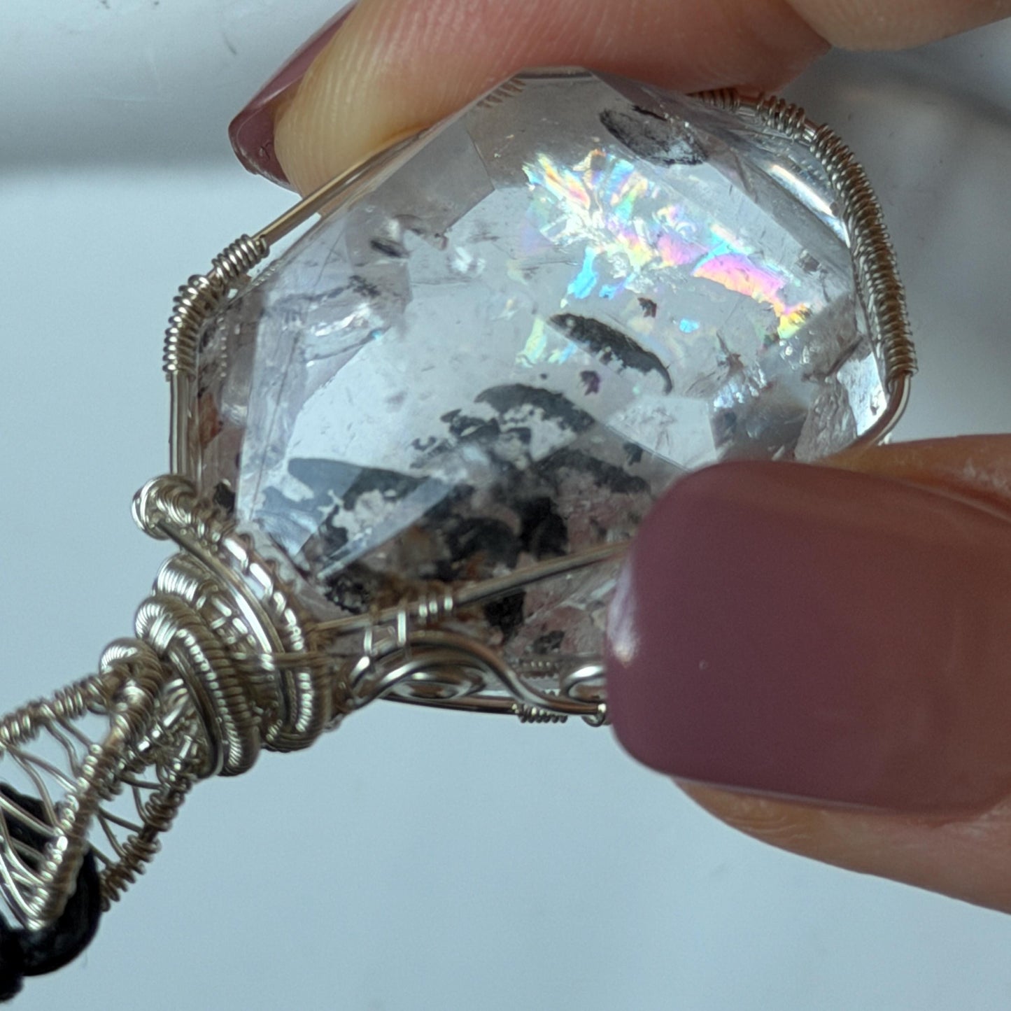 Polished Rainbow Enhydro Quartz (Herkimer Diamond) Wire Wrapped Pendant Adjustable Necklace: Moving Sand Inclusion Crystal | Natural Gemstone Birthstone Gift for her men necklace chakra crystal purify stone minerals specimen adjustable choker silver pendant inclusion crystal inclusion quartz jewelry rainbow quartz choker necklace enhydro crystal