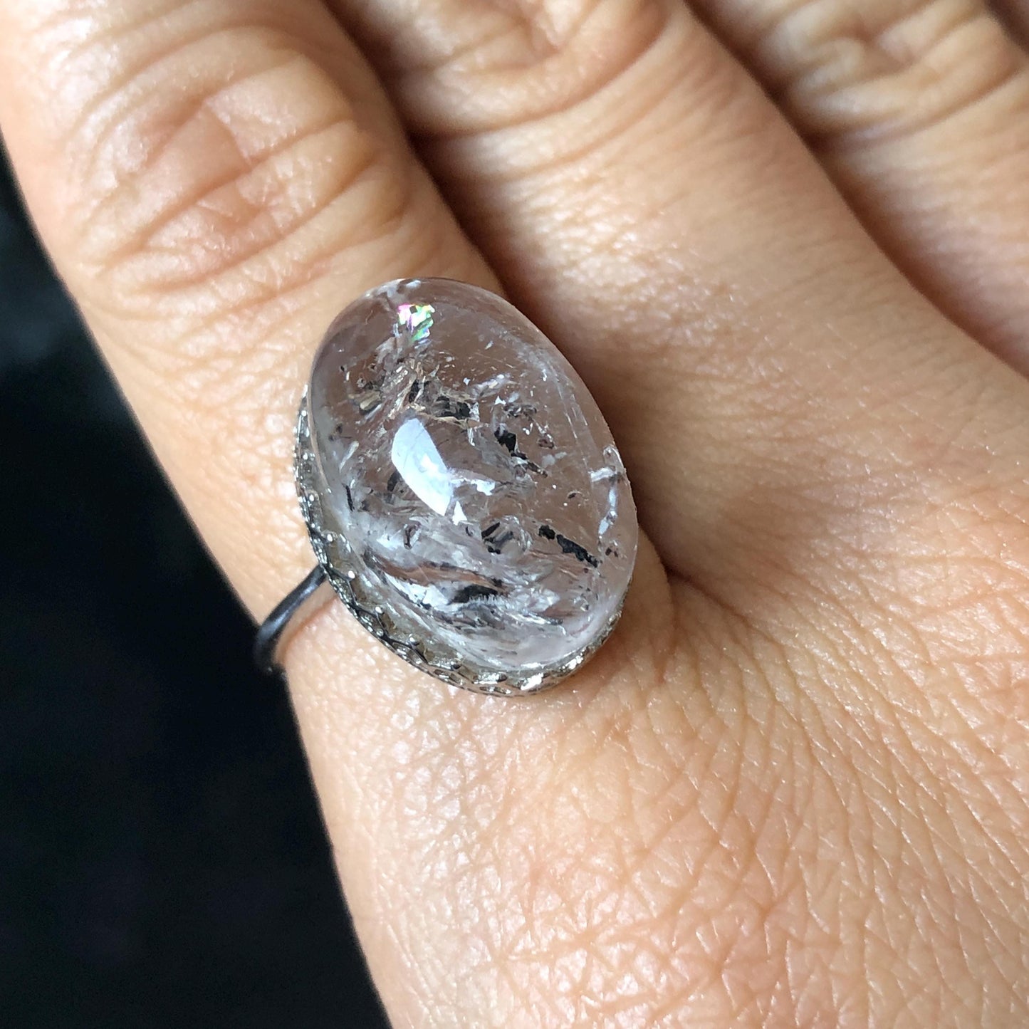 Polished Enhydro Quartz (Herkimer Diamond) S925 Silver Adjustable Ring: Rainbow! Moving Sand Waterfall and Black Bubble Inclusion Crystal Statement Ring for Women ring crystal band ring crystal cocktail ring crystal stackable ring 7 chakra crystal ring meditation crystal healing stone birthstone silver ring ring for men rainbow quartz inclusion quartz inclusion crystal minerals specimen silver ring free size ring adjustable ring holder