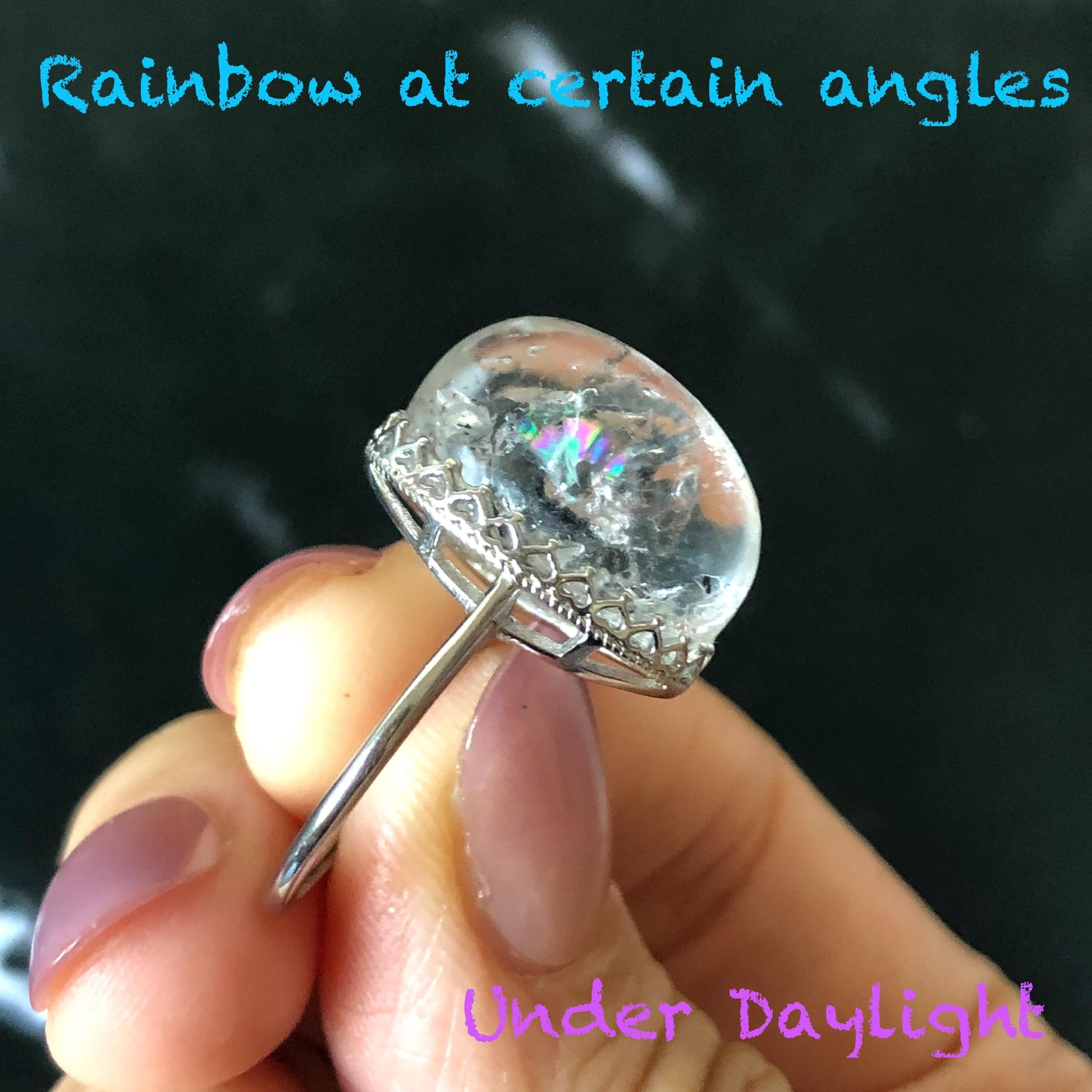 Polished Enhydro Quartz (Herkimer Diamond) S925 Silver Adjustable Ring: Rainbow! Moving Sand Waterfall and Black Bubble Inclusion Crystal Statement Ring for Women ring crystal band ring crystal cocktail ring crystal stackable ring 7 chakra crystal ring meditation crystal healing stone birthstone silver ring ring for men rainbow quartz inclusion quartz inclusion crystal minerals specimen silver ring free size ring adjustable ring holder