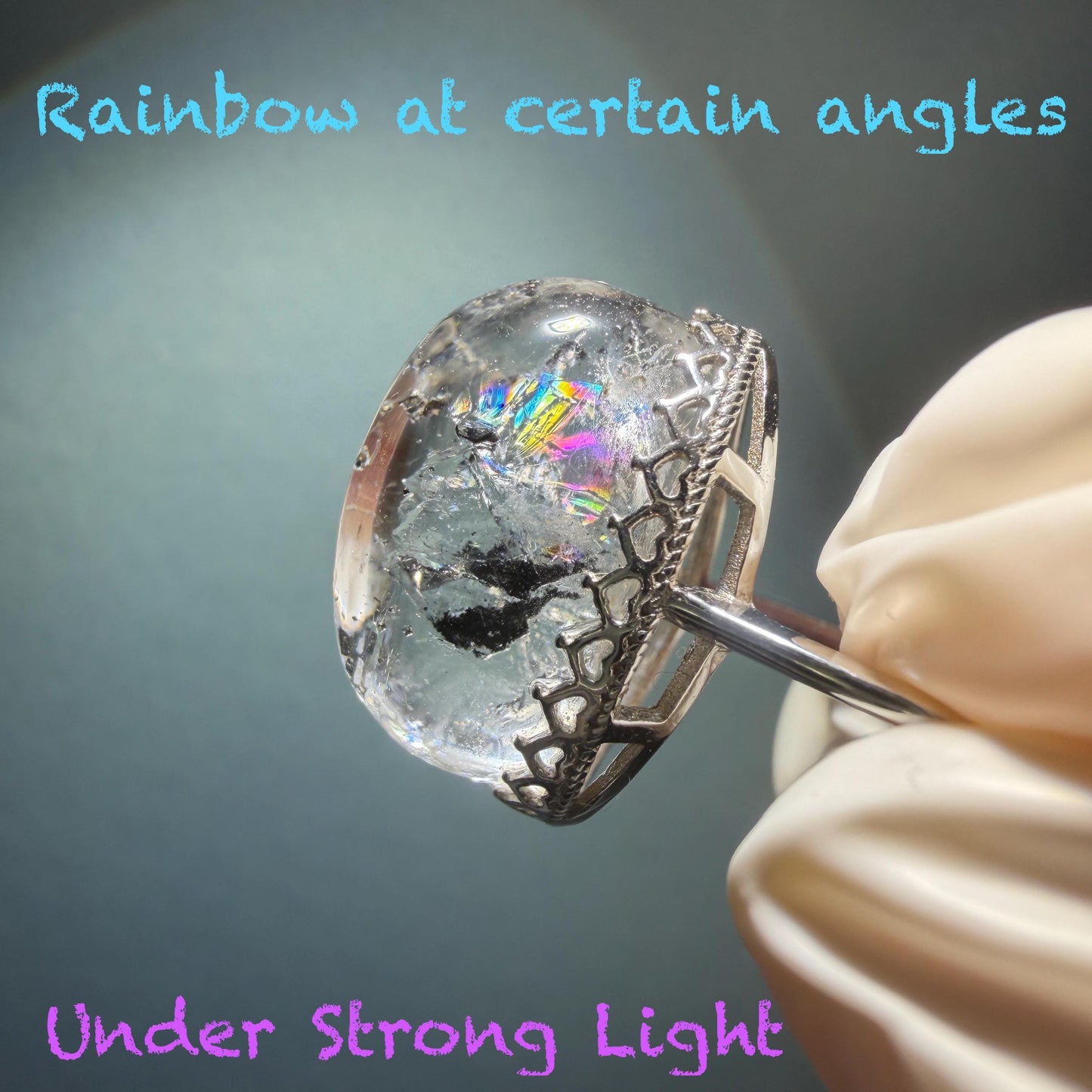 Polished Enhydro Quartz (Herkimer Diamond) S925 Silver Adjustable Ring: Rainbow! Moving Sand Waterfall and Black Bubble Inclusion Crystal Statement Ring for Women ring crystal band ring crystal cocktail ring crystal stackable ring 7 chakra crystal ring meditation crystal healing stone birthstone silver ring ring for men rainbow quartz inclusion quartz inclusion crystal minerals specimen silver ring free size ring adjustable ring holder