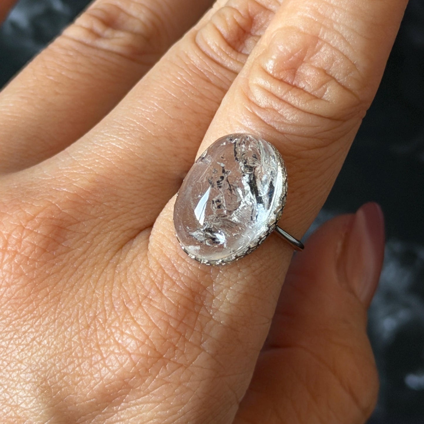 Polished Enhydro Quartz (Herkimer Diamond) S925 Silver Adjustable Ring: Rainbow! Moving Sand Waterfall and Black Bubble Inclusion Crystal Statement Ring for Women ring crystal band ring crystal cocktail ring crystal stackable ring 7 chakra crystal ring meditation crystal healing stone birthstone silver ring ring for men rainbow quartz inclusion quartz inclusion crystal minerals specimen silver ring free size ring adjustable ring holder