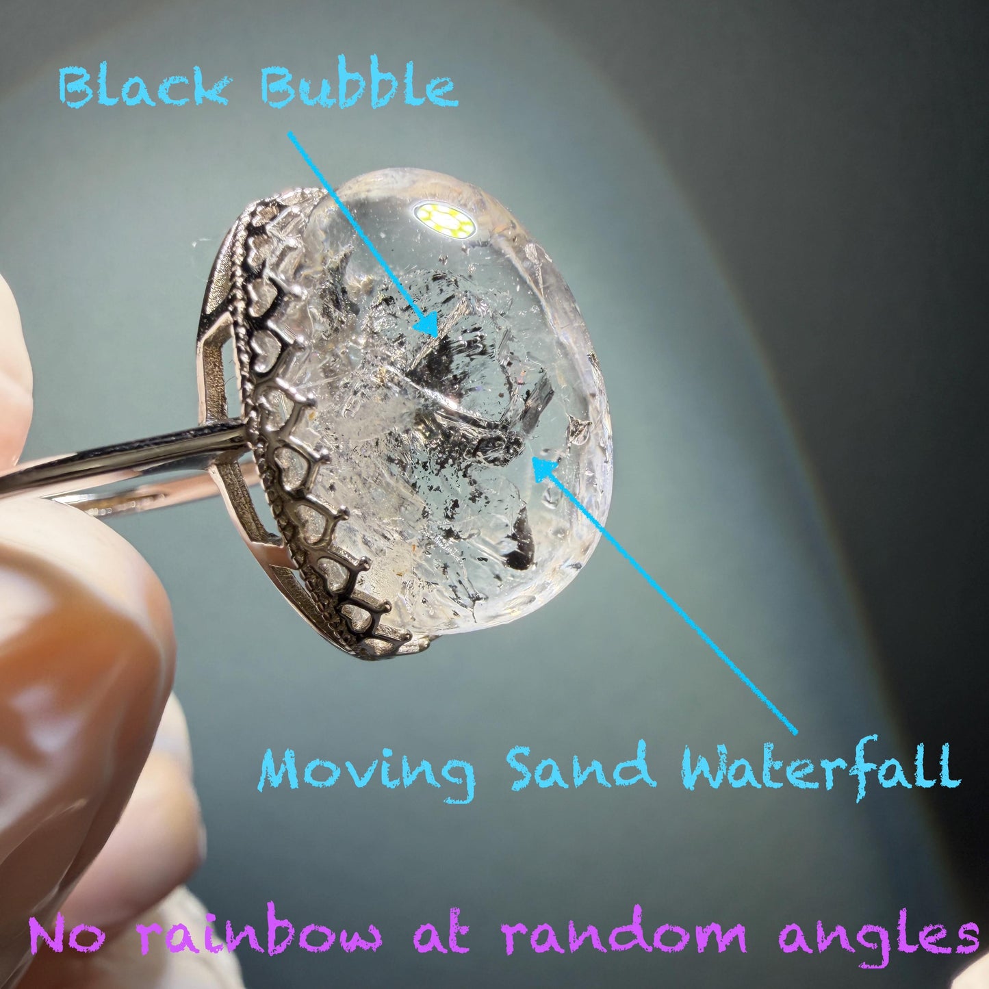 Polished Enhydro Quartz (Herkimer Diamond) S925 Silver Adjustable Ring: Rainbow! Moving Sand Waterfall and Black Bubble Inclusion Crystal Statement Ring for Women ring crystal band ring crystal cocktail ring crystal stackable ring 7 chakra crystal ring meditation crystal healing stone birthstone silver ring ring for men rainbow quartz inclusion quartz inclusion crystal minerals specimen silver ring free size ring adjustable ring holder