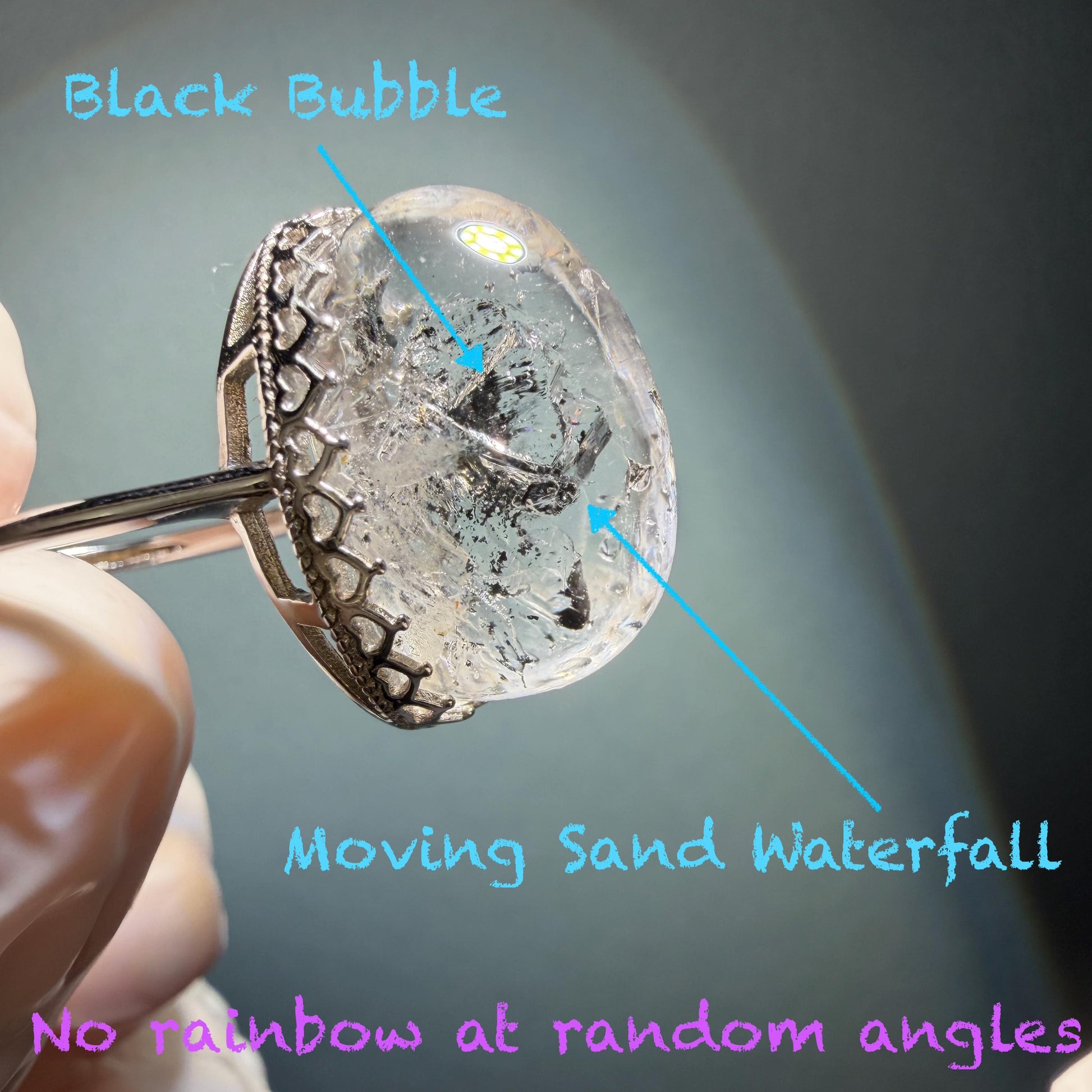 Polished Enhydro Quartz (Herkimer Diamond) S925 Silver Adjustable Ring: Rainbow! Moving Sand Waterfall and Black Bubble Inclusion Crystal Statement Ring for Women ring crystal band ring crystal cocktail ring crystal stackable ring 7 chakra crystal ring meditation crystal healing stone birthstone silver ring ring for men rainbow quartz inclusion quartz inclusion crystal minerals specimen silver ring free size ring adjustable ring holder