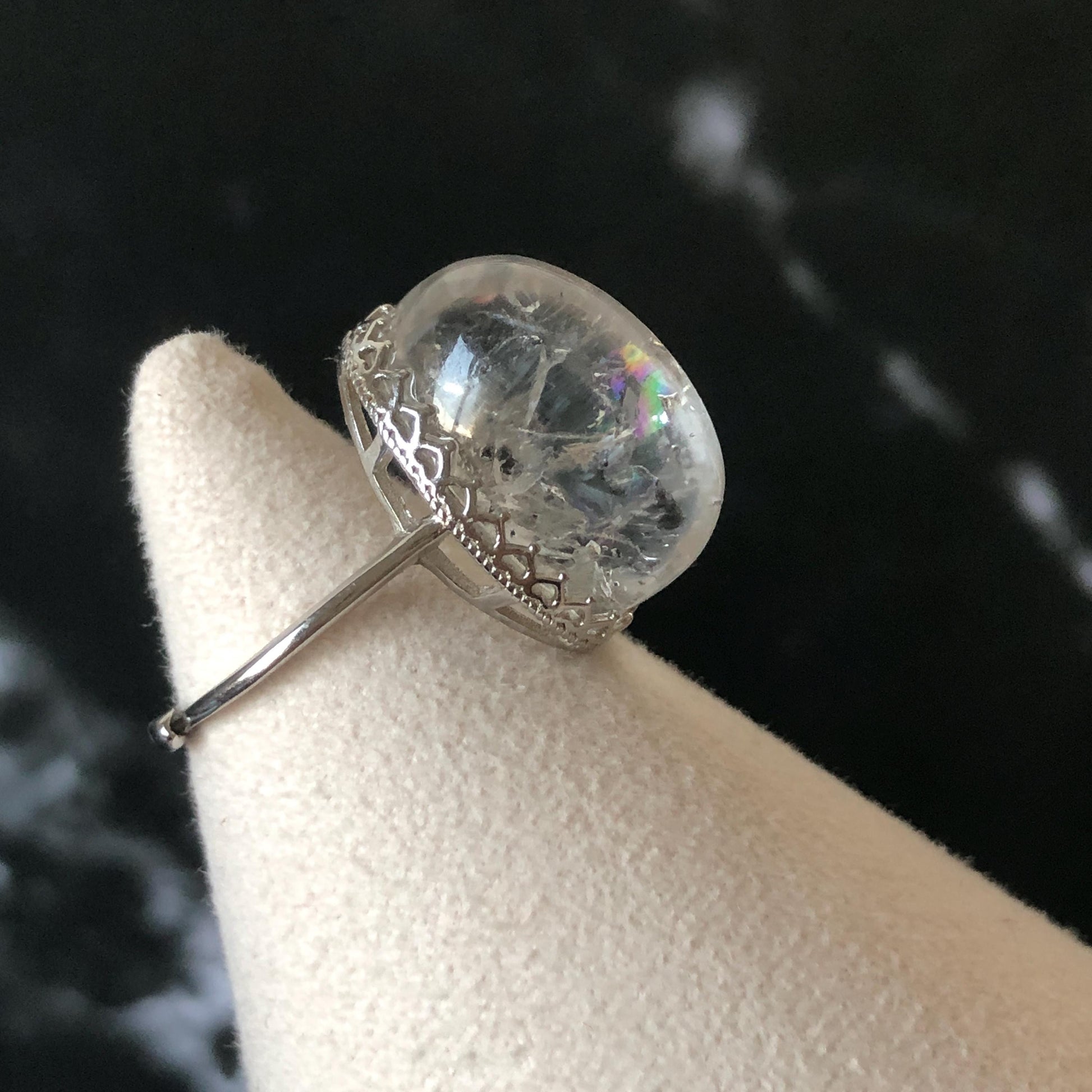 Polished Enhydro Quartz (Herkimer Diamond) S925 Silver Adjustable Ring: Rainbow! Moving Sand Waterfall and Black Bubble Inclusion Crystal Statement Ring for Women ring crystal band ring crystal cocktail ring crystal stackable ring 7 chakra crystal ring meditation crystal healing stone birthstone silver ring ring for men rainbow quartz inclusion quartz inclusion crystal minerals specimen silver ring free size ring adjustable ring holder