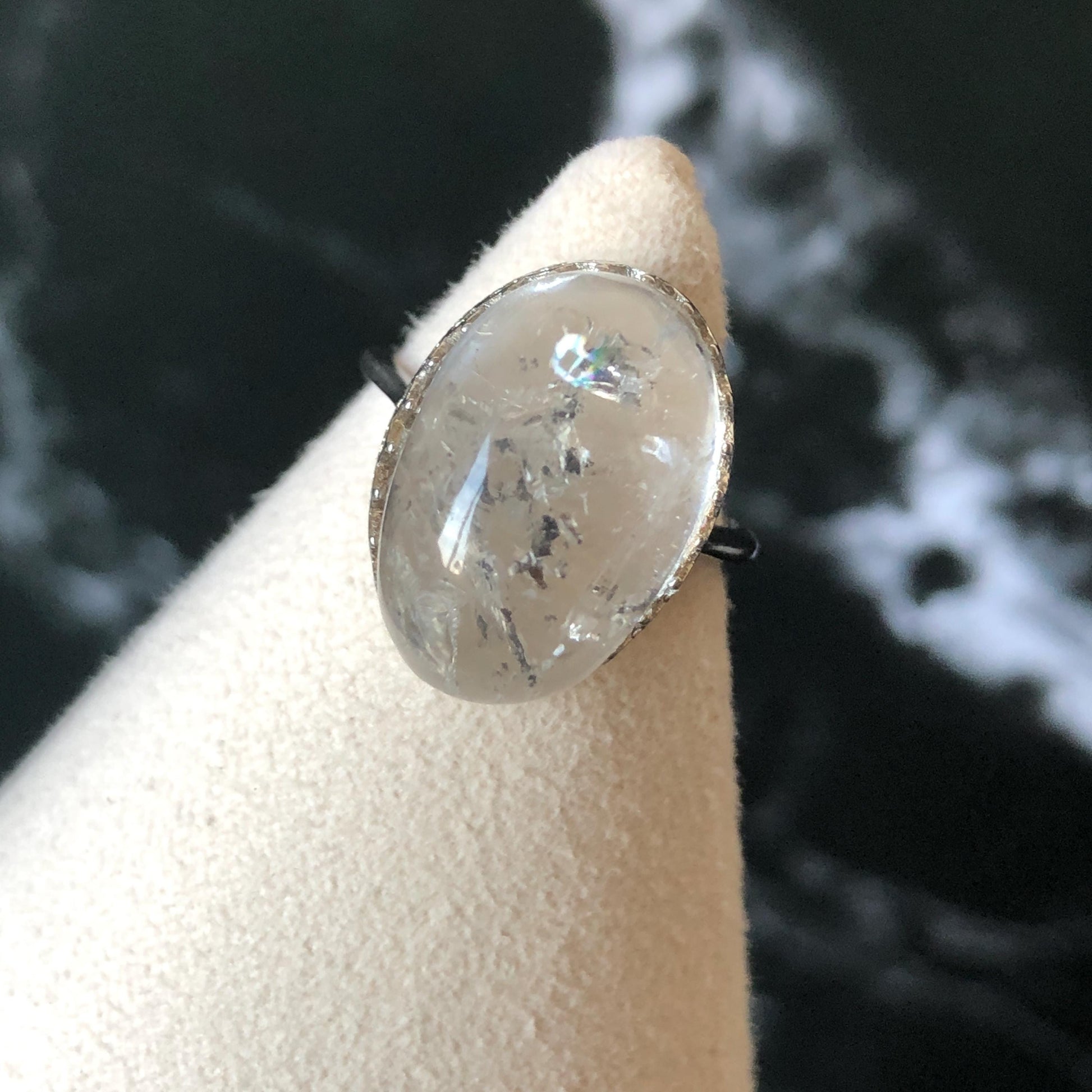 Polished Enhydro Quartz (Herkimer Diamond) S925 Silver Adjustable Ring: Rainbow! Moving Sand Waterfall and Black Bubble Inclusion Crystal Statement Ring for Women ring crystal band ring crystal cocktail ring crystal stackable ring 7 chakra crystal ring meditation crystal healing stone birthstone silver ring ring for men rainbow quartz inclusion quartz inclusion crystal minerals specimen silver ring free size ring adjustable ring holder