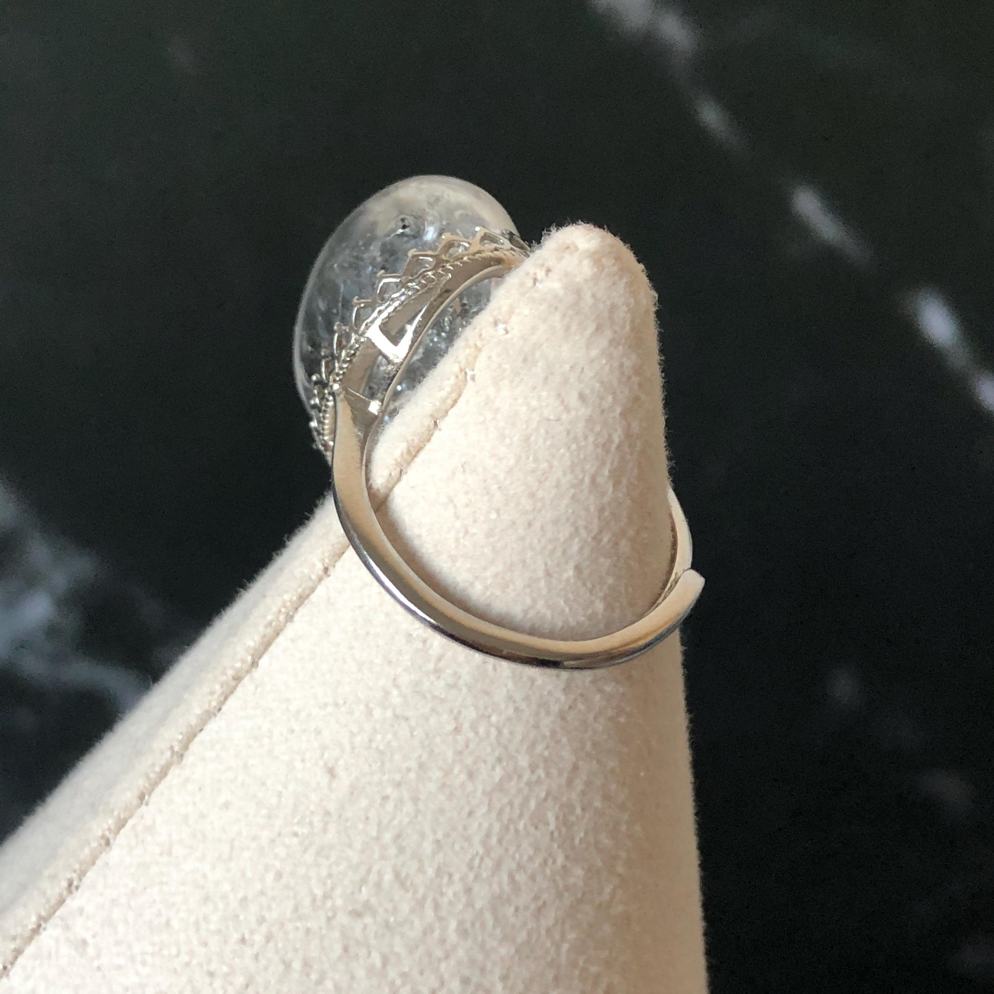 Polished Enhydro Quartz (Herkimer Diamond) S925 Silver Adjustable Ring: Rainbow! Moving Sand Waterfall and Black Bubble Inclusion Crystal Statement Ring for Women ring crystal band ring crystal cocktail ring crystal stackable ring 7 chakra crystal ring meditation crystal healing stone birthstone silver ring ring for men rainbow quartz inclusion quartz inclusion crystal minerals specimen silver ring free size ring adjustable ring holder