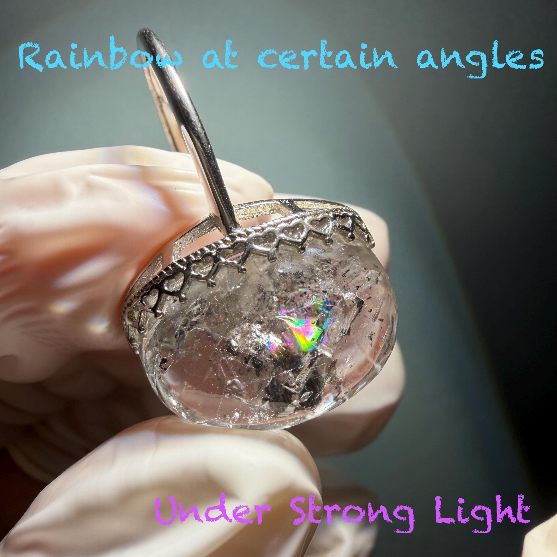 Polished Enhydro Quartz (Herkimer Diamond) S925 Silver Adjustable Ring: Rainbow! Moving Sand Waterfall and Black Bubble Inclusion Crystal Statement Ring for Women ring crystal band ring crystal cocktail ring crystal stackable ring 7 chakra crystal ring meditation crystal healing stone birthstone silver ring ring for men rainbow quartz inclusion quartz inclusion crystal minerals specimen silver ring free size ring adjustable ring holder