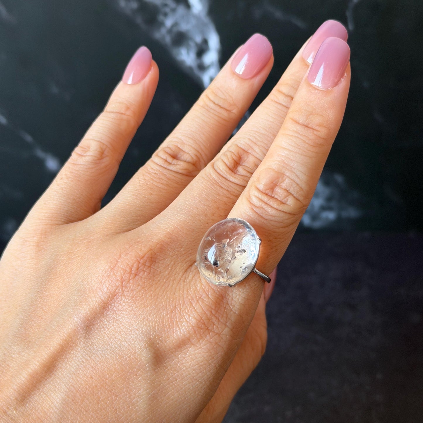 Polished Enhydro Quartz (Herkimer Diamond) S925 Silver Adjustable Ring: Mild Rainbow! Moving Sand and 2 Black Bubble Inclusion Crystal Statement Ring for Women ring crystal band ring crystal cocktail ring crystal stackable ring 7 chakra crystal ring meditation crystal healing stone birthstone silver ring ring for men rainbow quartz inclusion quartz inclusion crystal minerals specimen silver ring free size ring adjustable ring holder