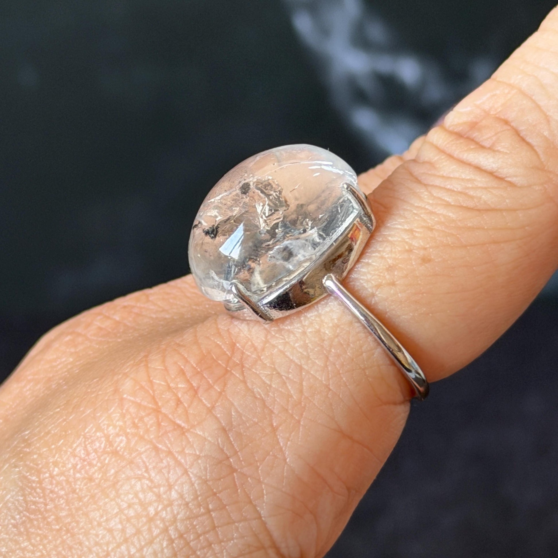 Polished Enhydro Quartz (Herkimer Diamond) S925 Silver Adjustable Ring: Mild Rainbow! Moving Sand and 2 Black Bubble Inclusion Crystal Statement Ring for Women ring crystal band ring crystal cocktail ring crystal stackable ring 7 chakra crystal ring meditation crystal healing stone birthstone silver ring ring for men rainbow quartz inclusion quartz inclusion crystal minerals specimen silver ring free size ring adjustable ring holder