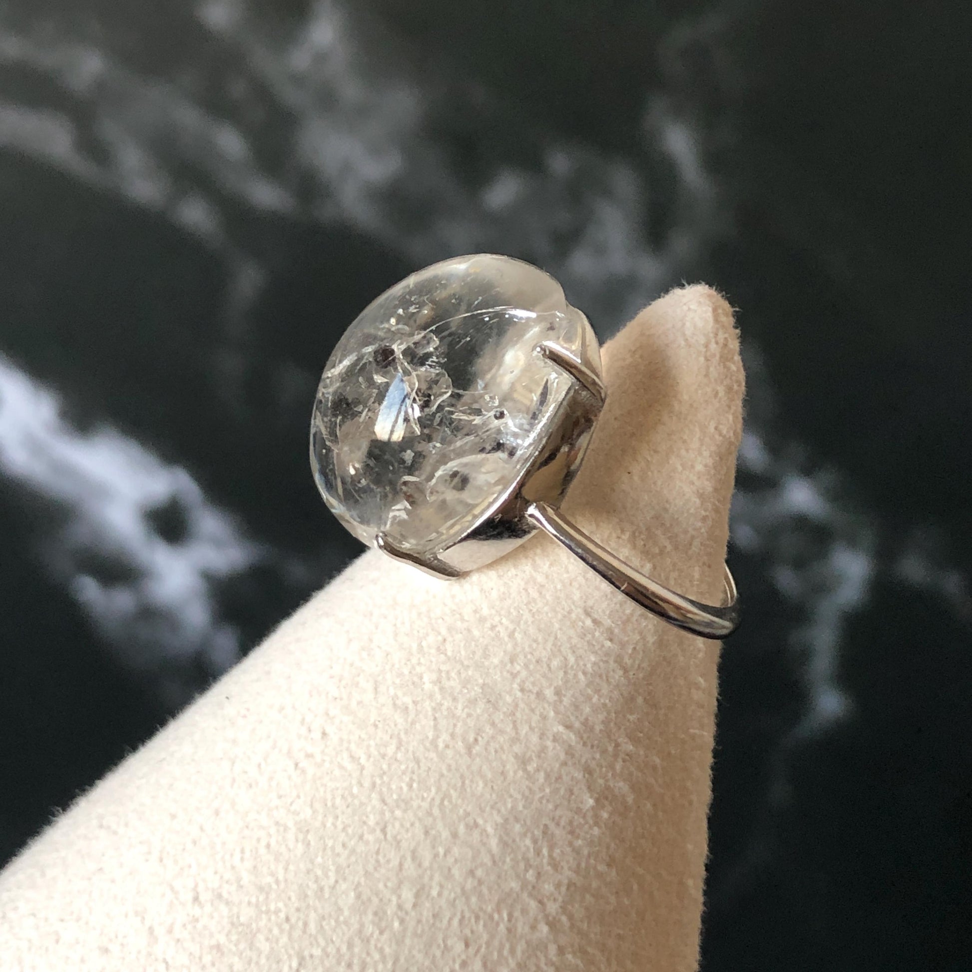 Polished Enhydro Quartz (Herkimer Diamond) S925 Silver Adjustable Ring: Mild Rainbow! Moving Sand and 2 Black Bubble Inclusion Crystal Statement Ring for Women ring crystal band ring crystal cocktail ring crystal stackable ring 7 chakra crystal ring meditation crystal healing stone birthstone silver ring ring for men rainbow quartz inclusion quartz inclusion crystal minerals specimen silver ring free size ring adjustable ring holder