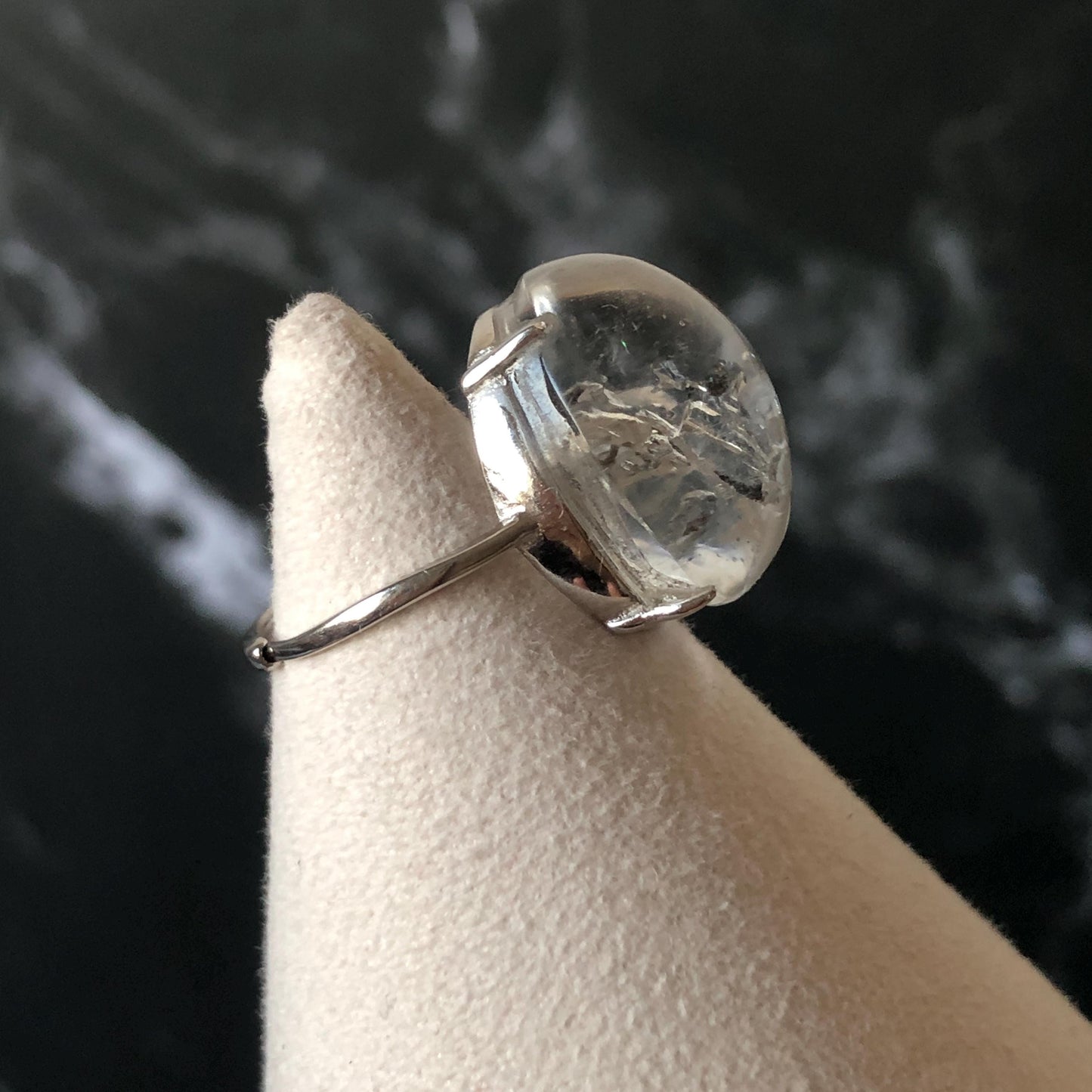 Polished Enhydro Quartz (Herkimer Diamond) S925 Silver Adjustable Ring: Mild Rainbow! Moving Sand and 2 Black Bubble Inclusion Crystal Statement Ring for Women ring crystal band ring crystal cocktail ring crystal stackable ring 7 chakra crystal ring meditation crystal healing stone birthstone silver ring ring for men rainbow quartz inclusion quartz inclusion crystal minerals specimen silver ring free size ring adjustable ring holder