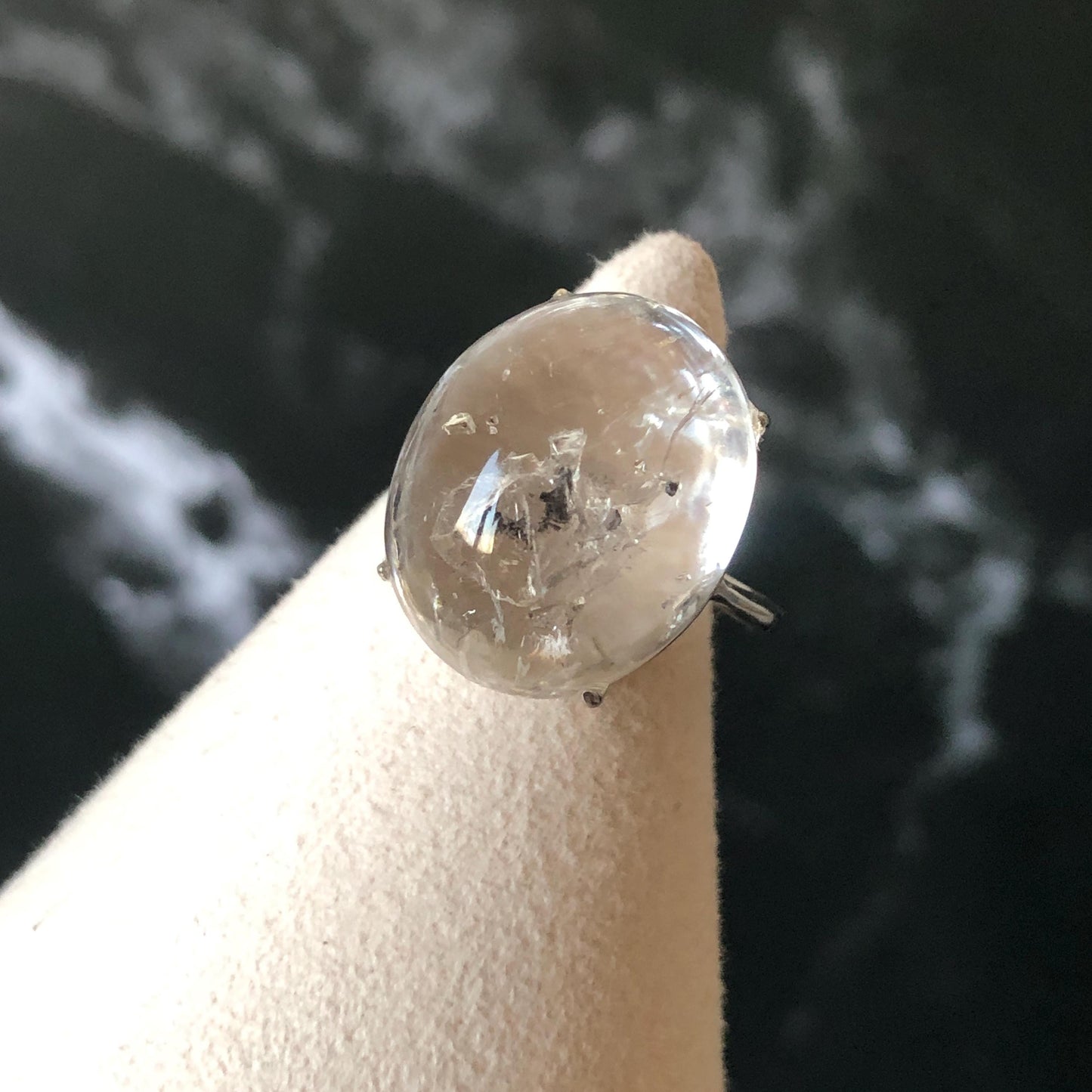 Polished Enhydro Quartz (Herkimer Diamond) S925 Silver Adjustable Ring: Mild Rainbow! Moving Sand and 2 Black Bubble Inclusion Crystal Statement Ring for Women ring crystal band ring crystal cocktail ring crystal stackable ring 7 chakra crystal ring meditation crystal healing stone birthstone silver ring ring for men rainbow quartz inclusion quartz inclusion crystal minerals specimen silver ring free size ring adjustable ring holder